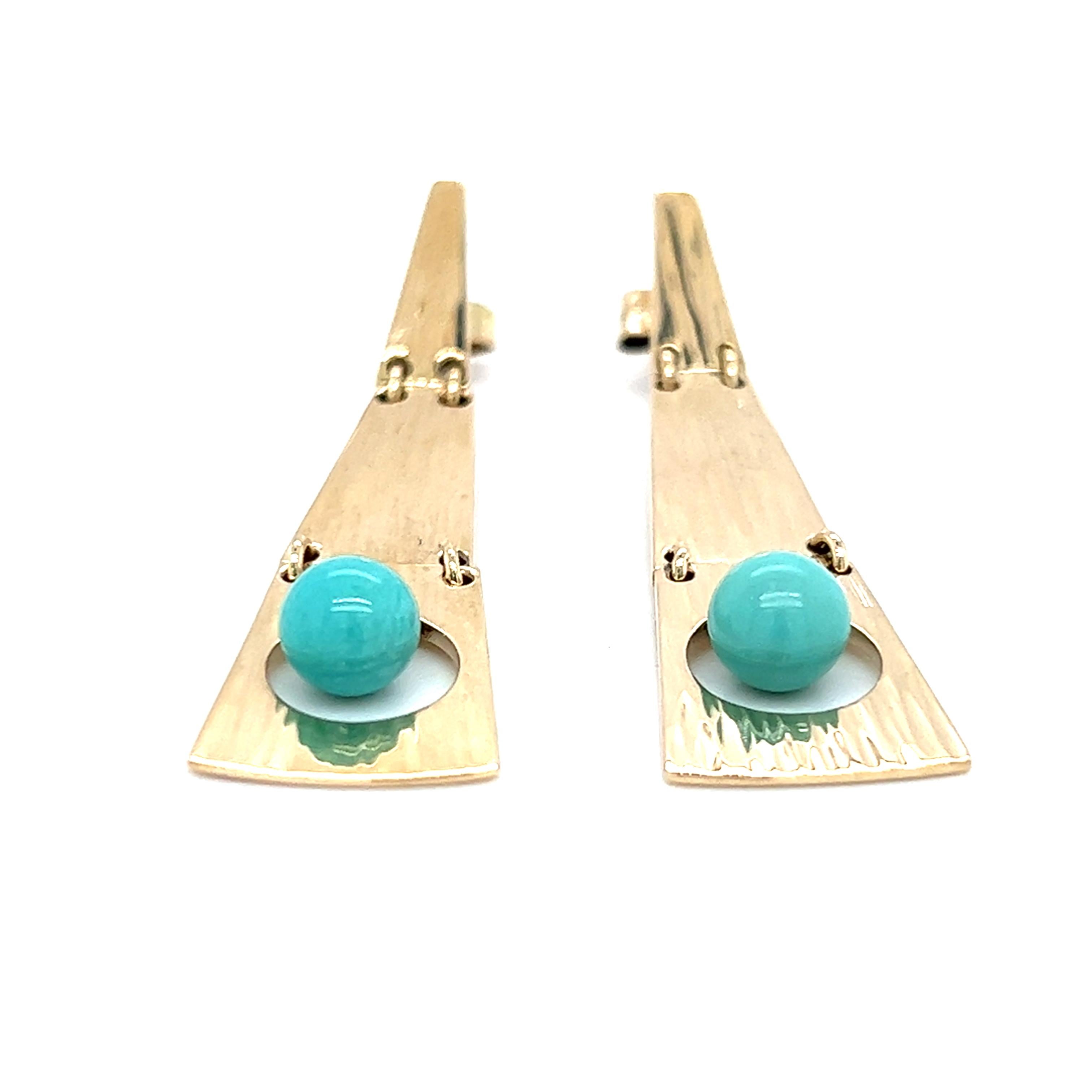 Women's Hans Hanson Danish 14K Yellow Gold Turquoise Ball Dangle Earrings