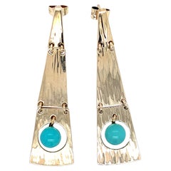 Hans Hanson Danish 14K Yellow Gold Turquoise Ball Dangle Earrings