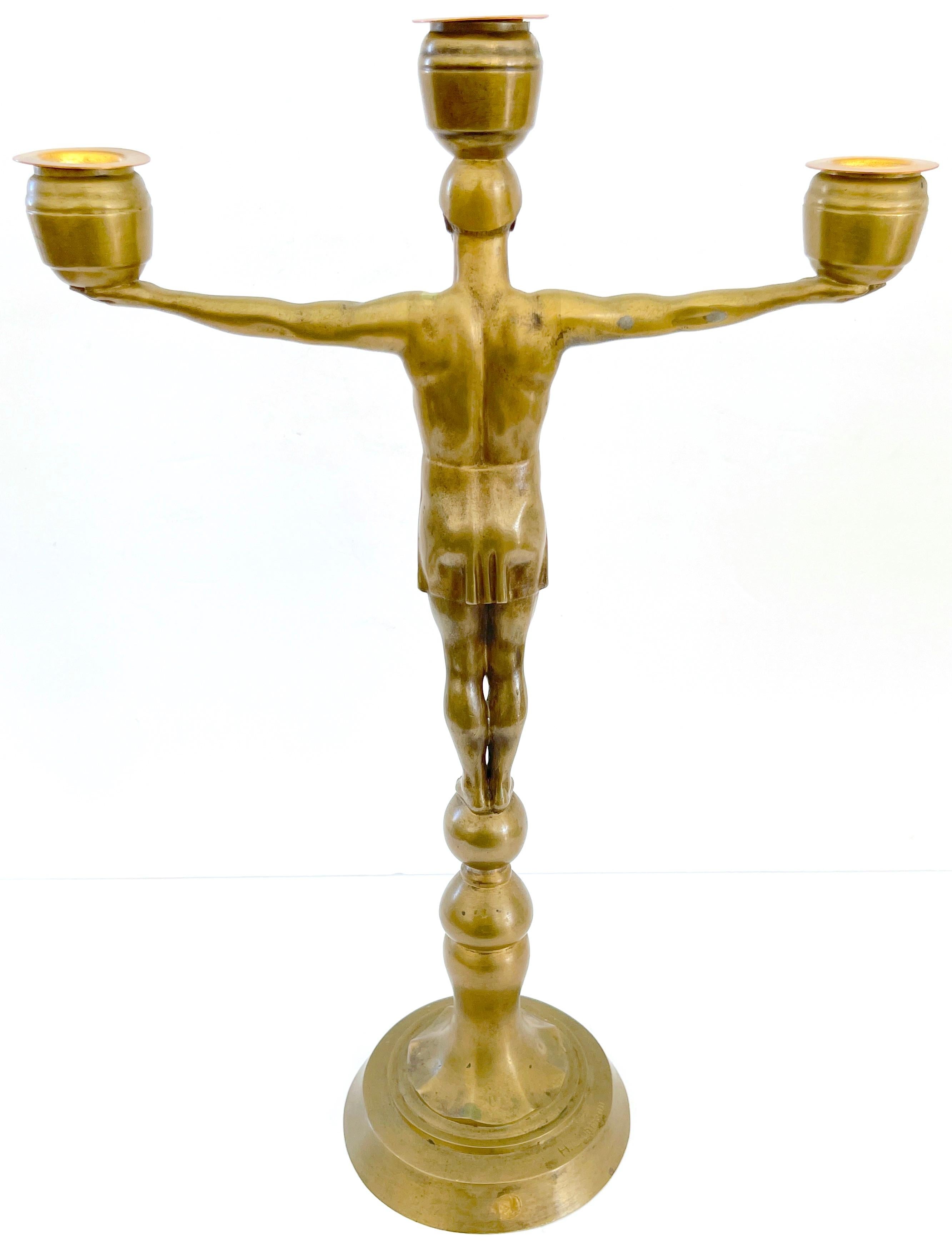 Hans Harry Liebmann, Pair Art Deco Bronze Draped Male Greco-Roman Candelabra  For Sale 2