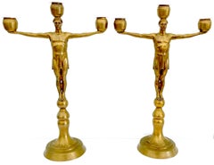 Hans Harry Liebmann, Pair Art Deco Bronze Draped Male Greco-Roman Candelabra