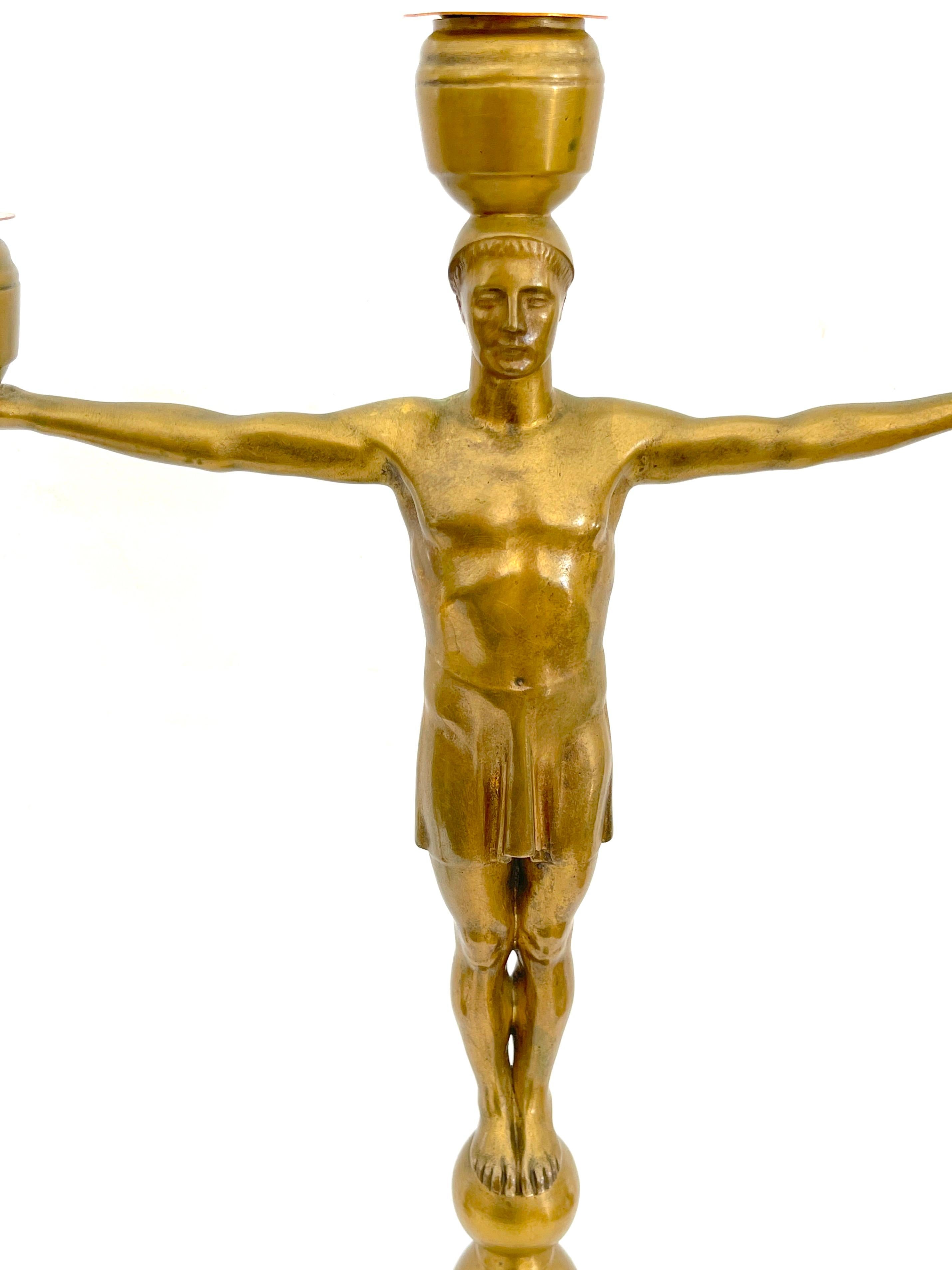 Greco Roman Hans Harry Liebmann, Pair Art Deco Bronze Draped Male Greco-Roman Candelabra  For Sale