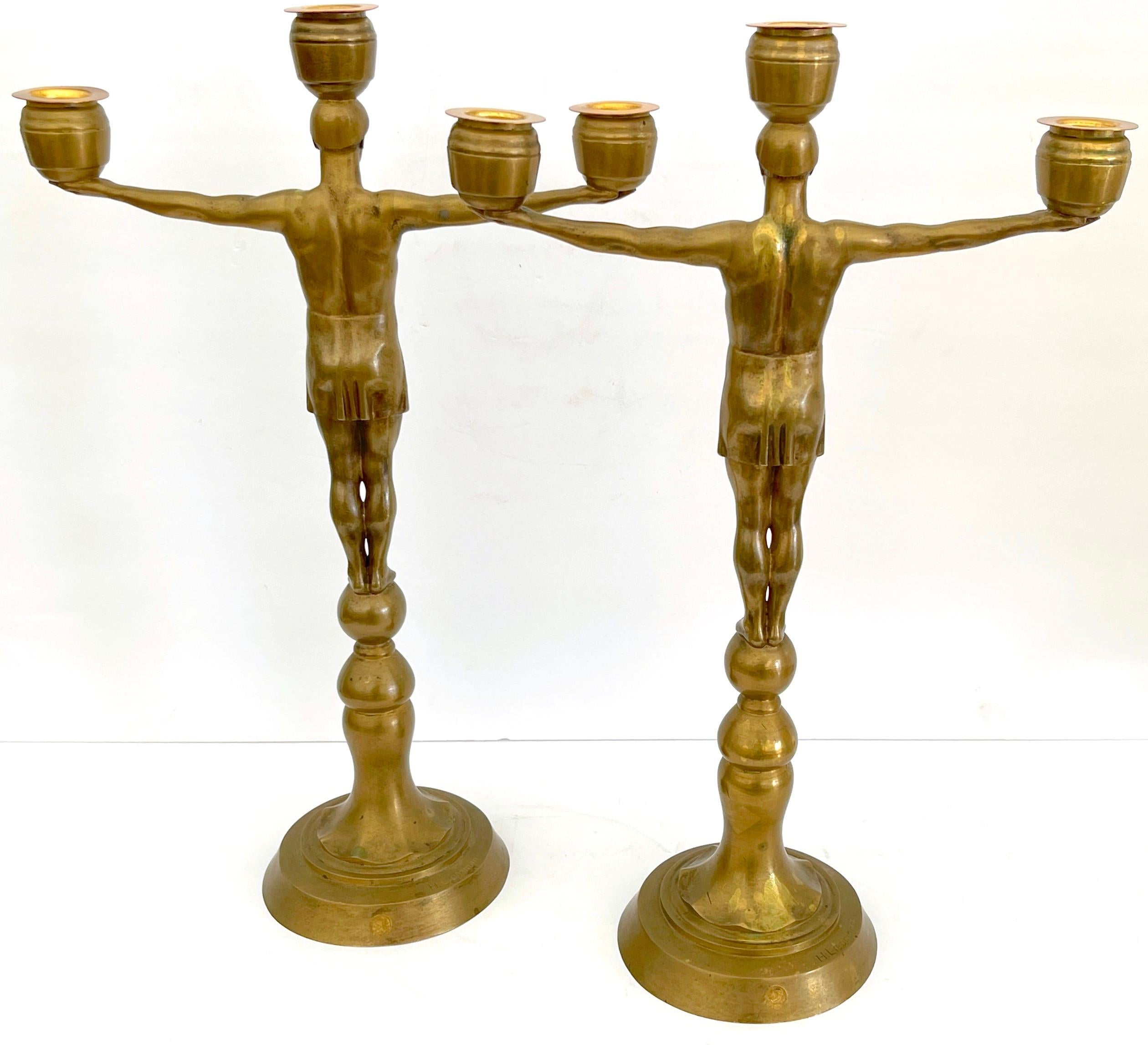 Gilt Hans Harry Liebmann, Pair Art Deco Bronze Draped Male Greco-Roman Candelabra  For Sale