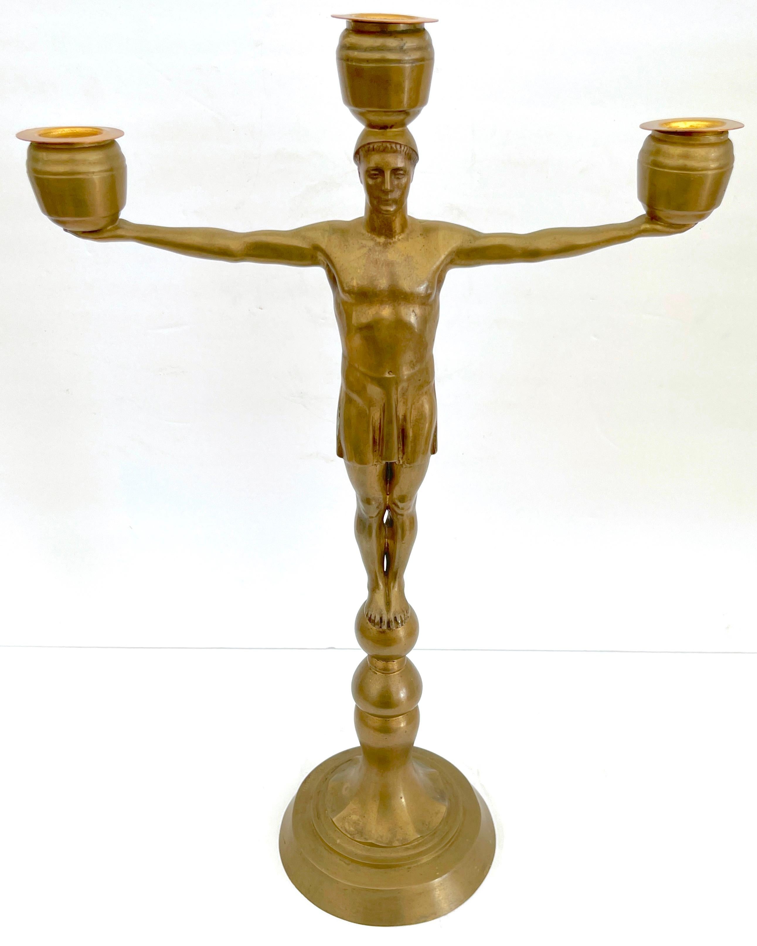 Hans Harry Liebmann, Pair Art Deco Bronze Draped Male Greco-Roman Candelabra  For Sale 1