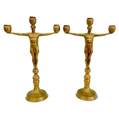 Hans Harry Liebmann, Paar Art Deco Bronze Drapierte Männliche Greco-Römische Kandelaber
