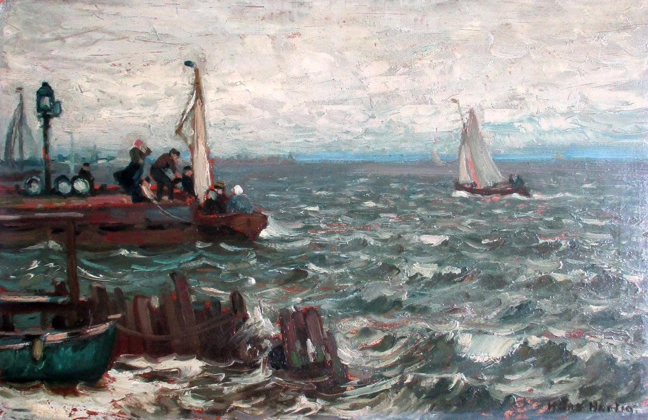 Hans Hartig Figurative Painting - Harbour at rough sea, Pomerania