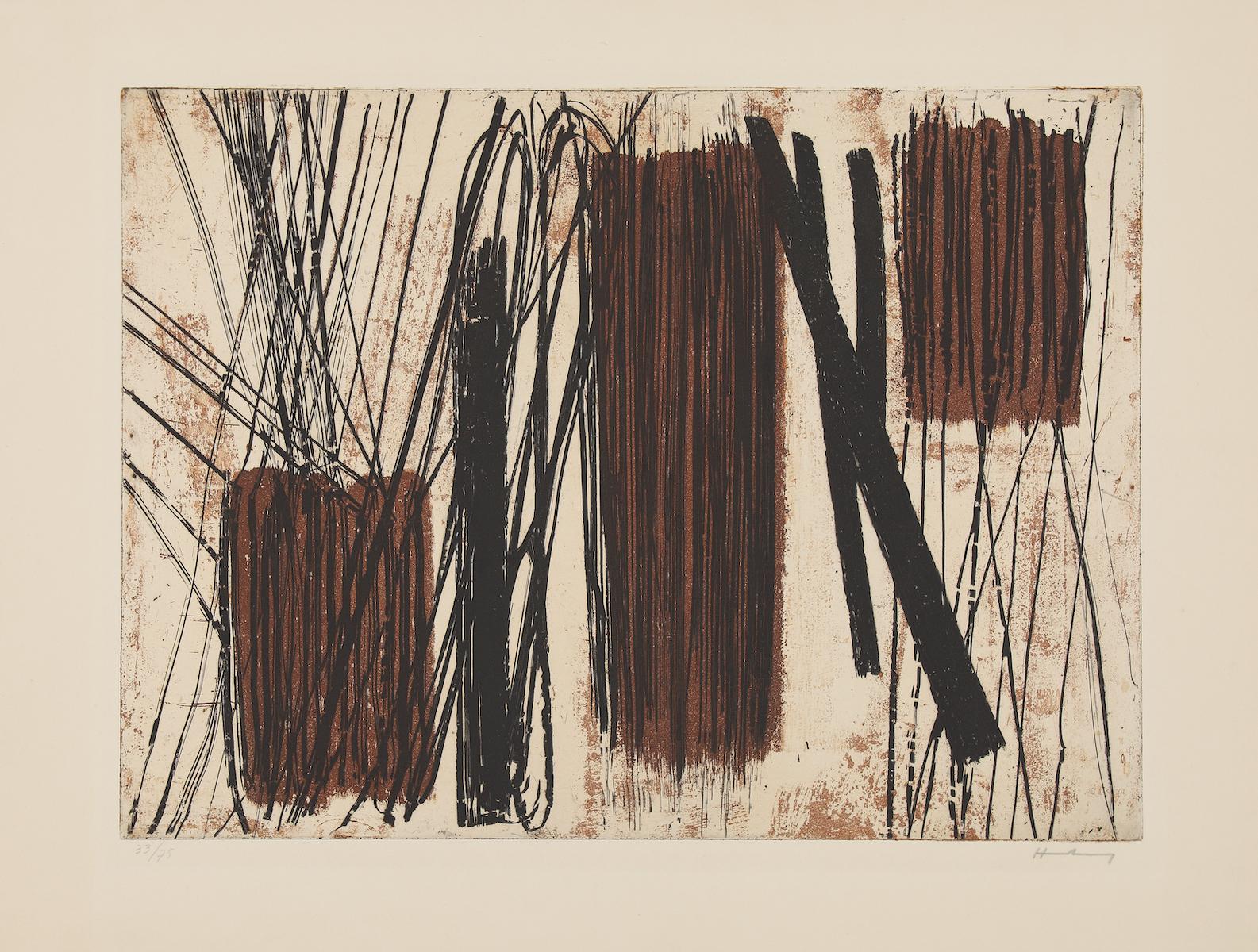 Abstract Print de Hans Hartung - 13 - Arte Informel, Arte Abstracto, Aguafuerte, Líneas, Marrón, Negro