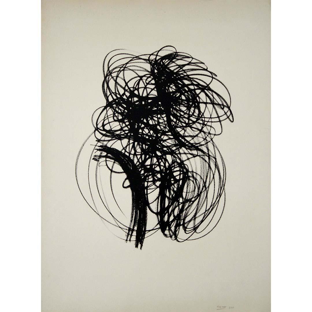 The 1958 original lithography by Hans Hartung, titled "Composition noir L41," represents a significant milestone in the artist's illustrious career, showcasing his profound exploration of form, texture, and contrast. Created as part of a limited