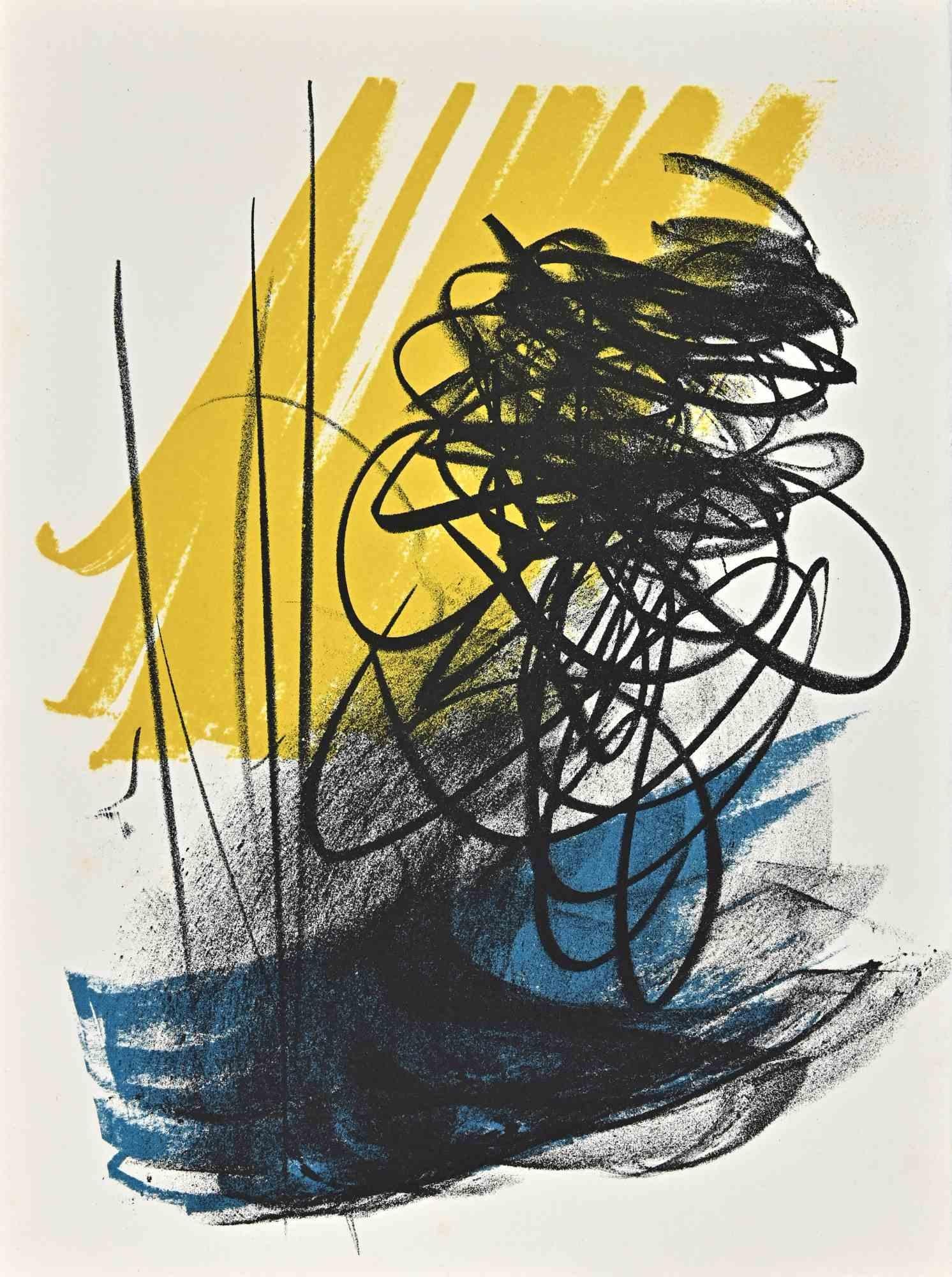 Hans Hartung Figurative Print – Abstrakte Komposition - Zeichen auf Gelb - Lithographie  - 1972