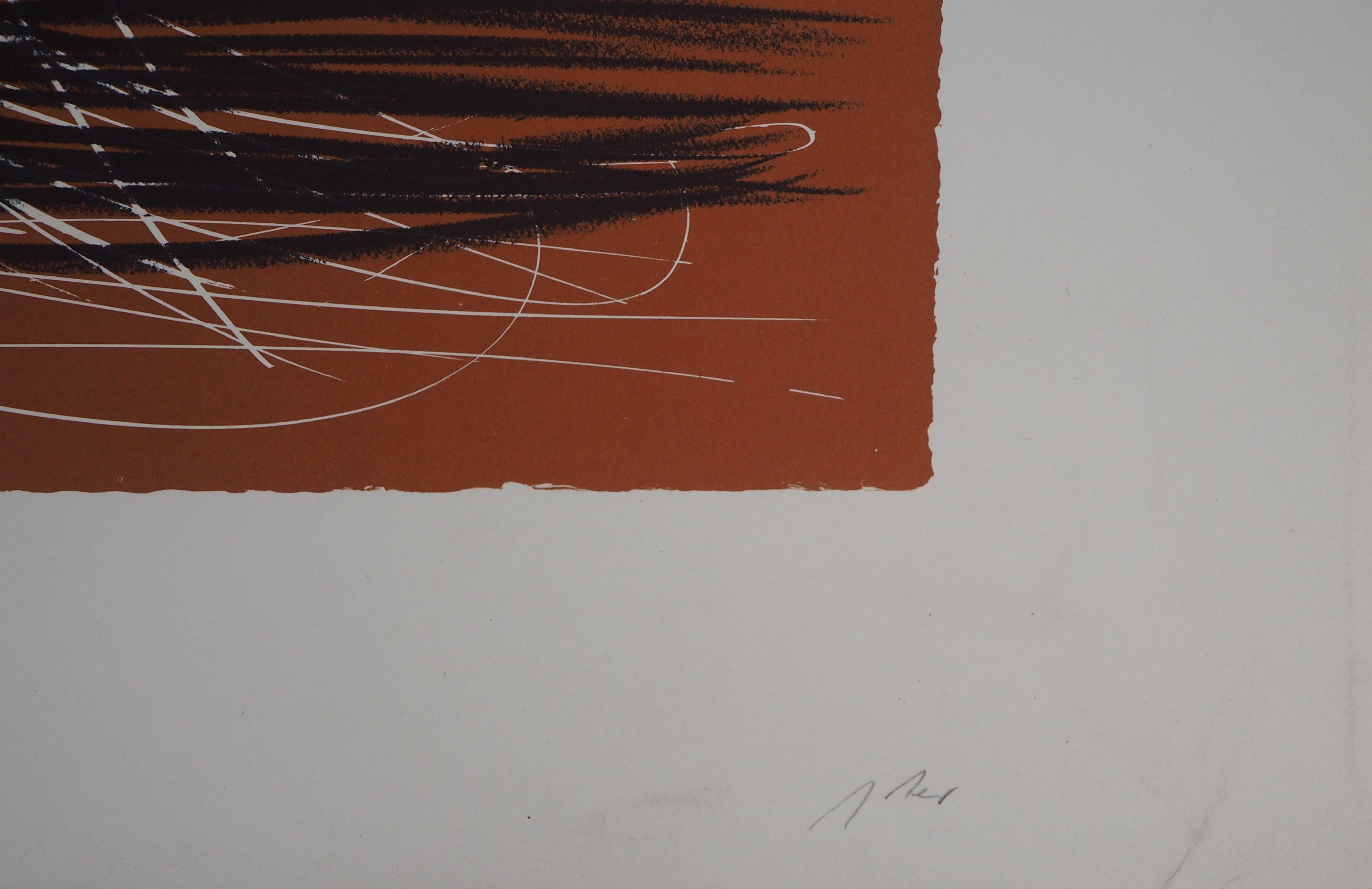 Brown Abstract Composition - Original Lithograph, 1971 - Gray Abstract Print by Hans Hartung
