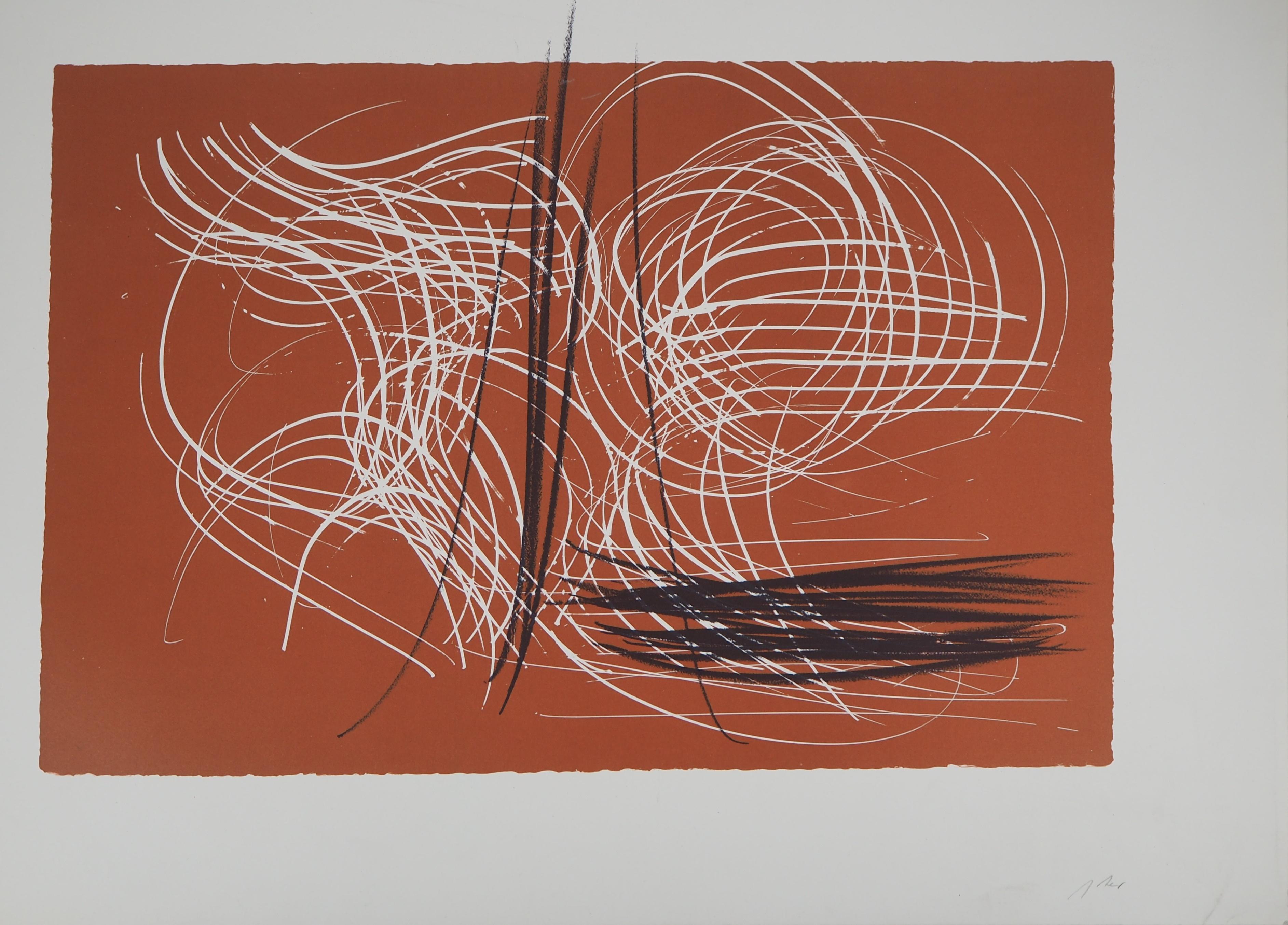 Brown Abstract Composition - Original Lithograph, 1971 1