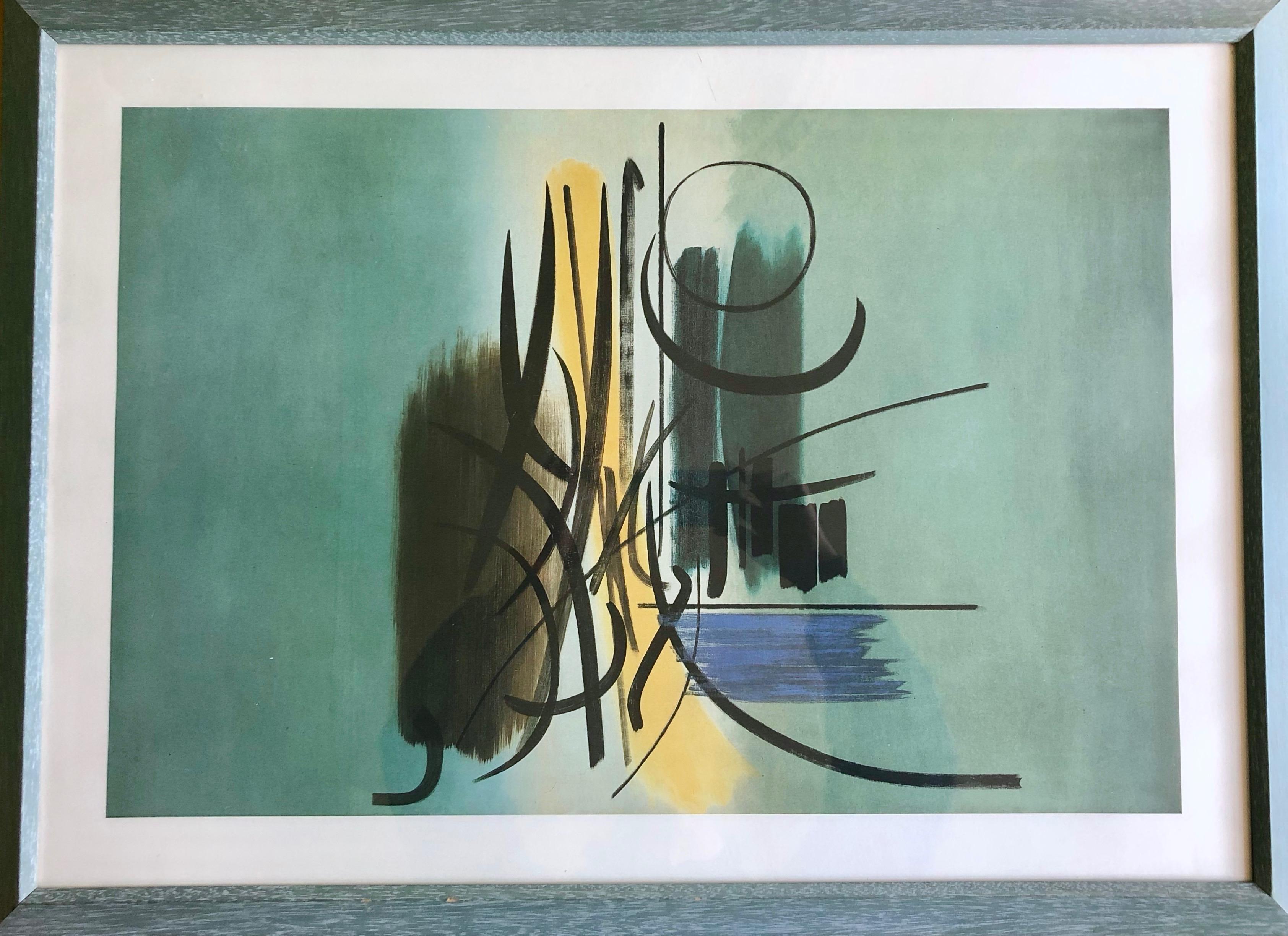 This is a beautiful framed Hans Hartung multiple color abstract print, purchased in the early 1980's at the Maeght Gallery in Paris. The wood frame is aqua blue to compliment the print and it has a plexiglass front. The frame size is 18.25 x 27.5.