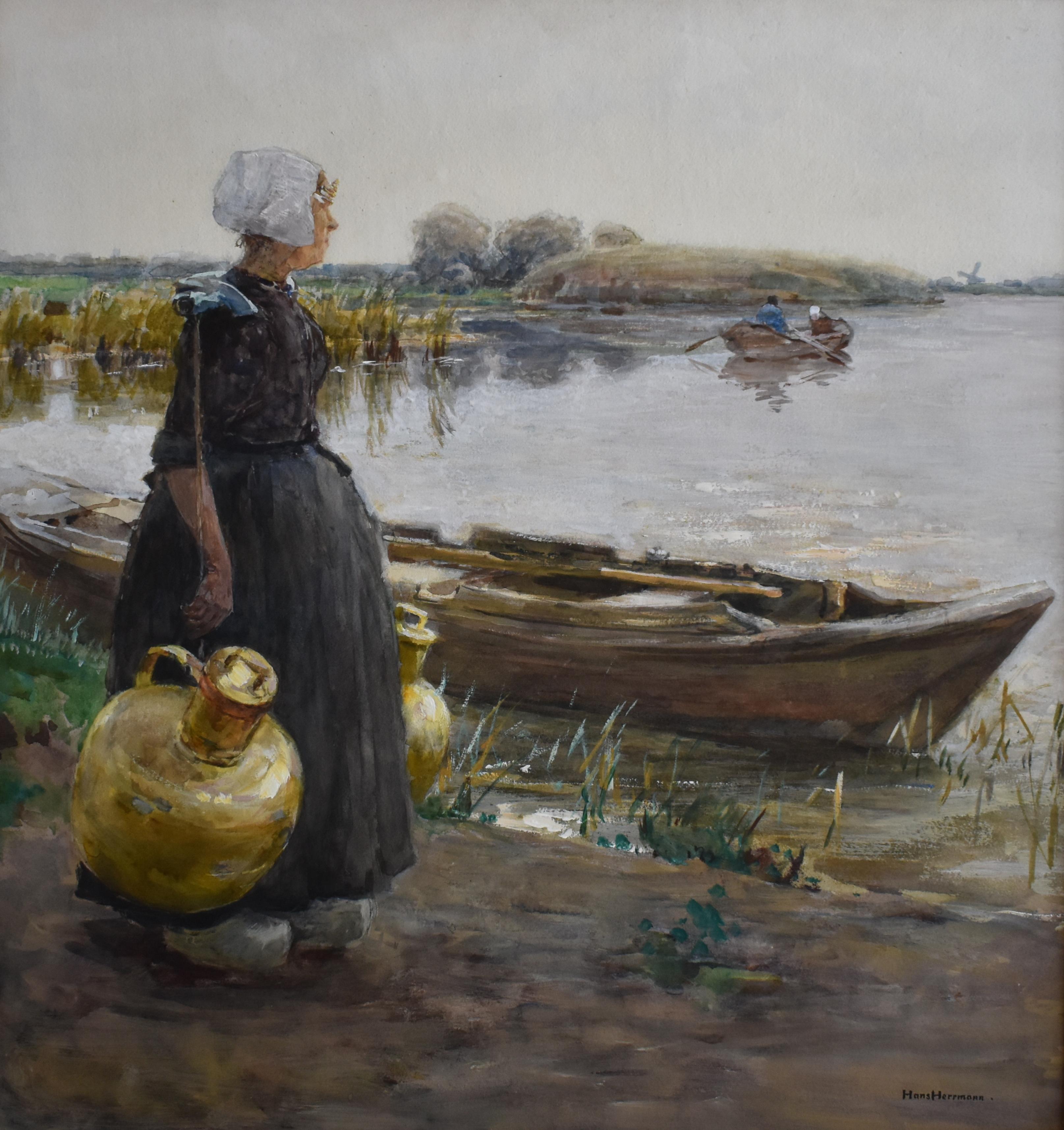 Hans HERRMANN (1858-1942) Watercolor Painting c1900 Dutch School - Brown Figurative Painting by Hans Herrmann