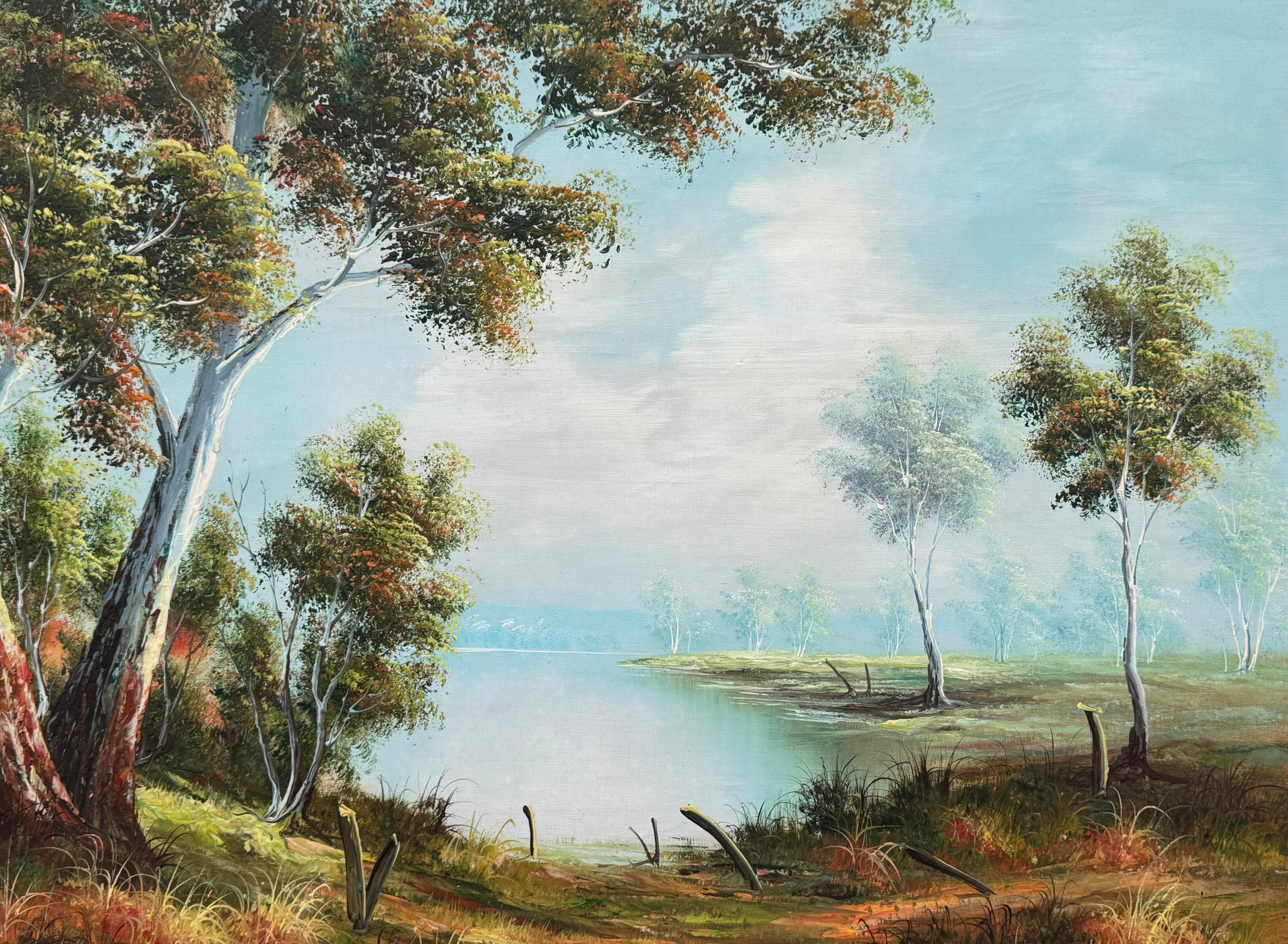 Tranquillo paesaggio australiano con alberi di eucalipto - Vintage 20th Century Art in vendita 6