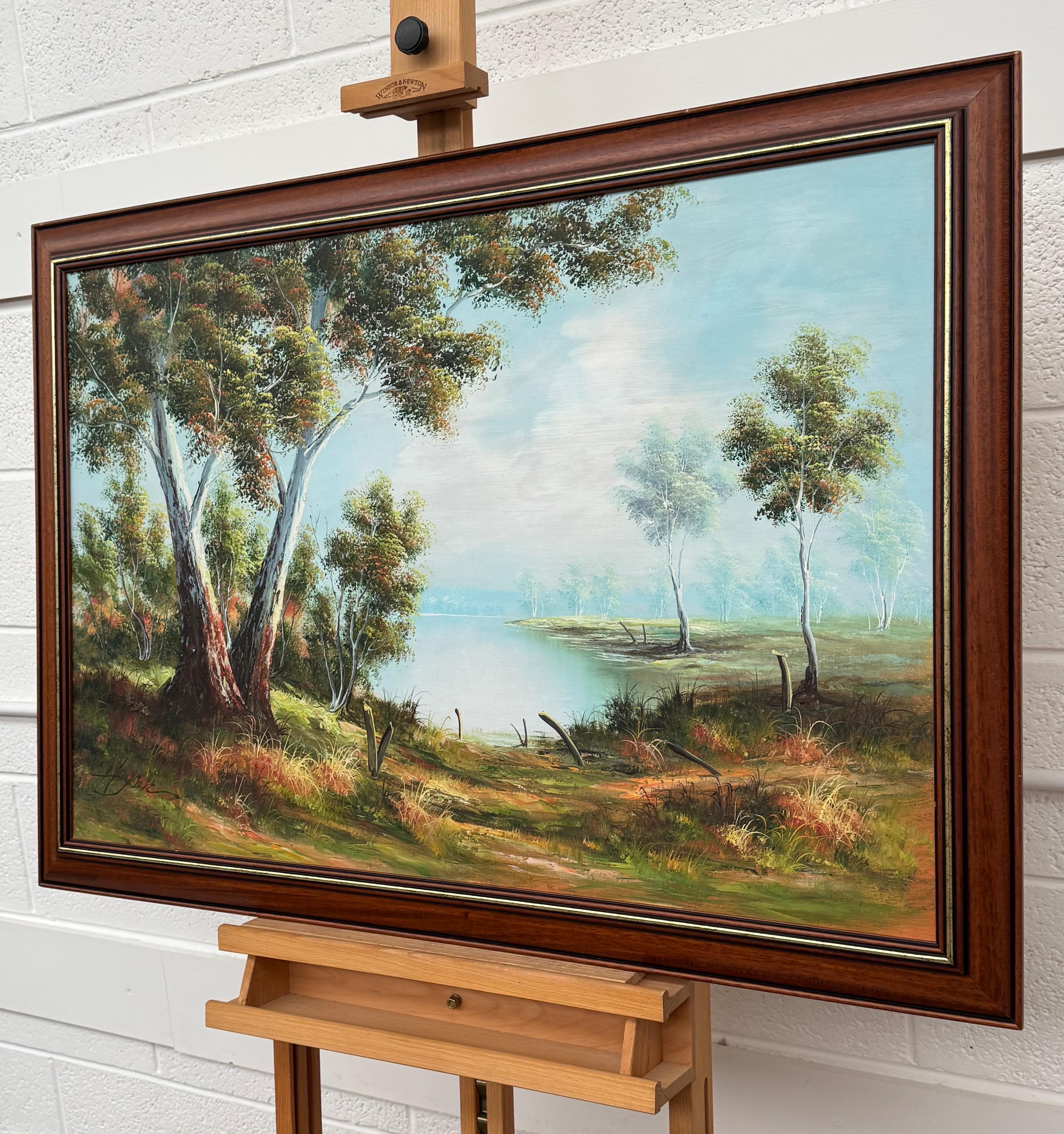 Tranquillo paesaggio australiano con alberi di eucalipto - Vintage 20th Century Art - Figurative Painting Marrone di Hans Heysen