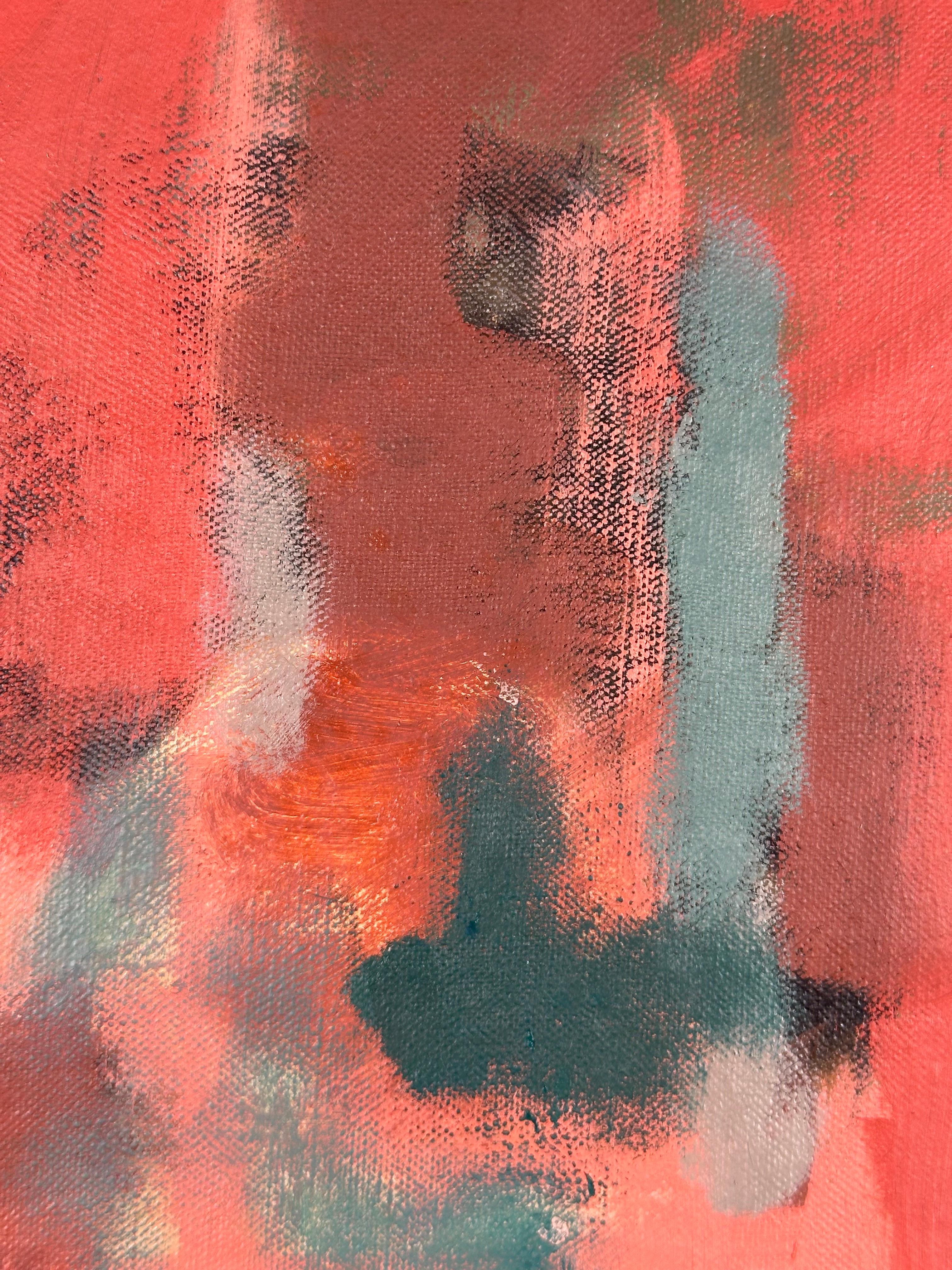 Beautiful mid-century modern abstract expressionist oil painting by unknown artist.

Oil on line canvas, ca. 1950's.

Measuring 30 x 36 inches; 36 x 41 inches framed. Chicago art supply stamp on stretcher bars. 

Unsigned. Excellent condition.