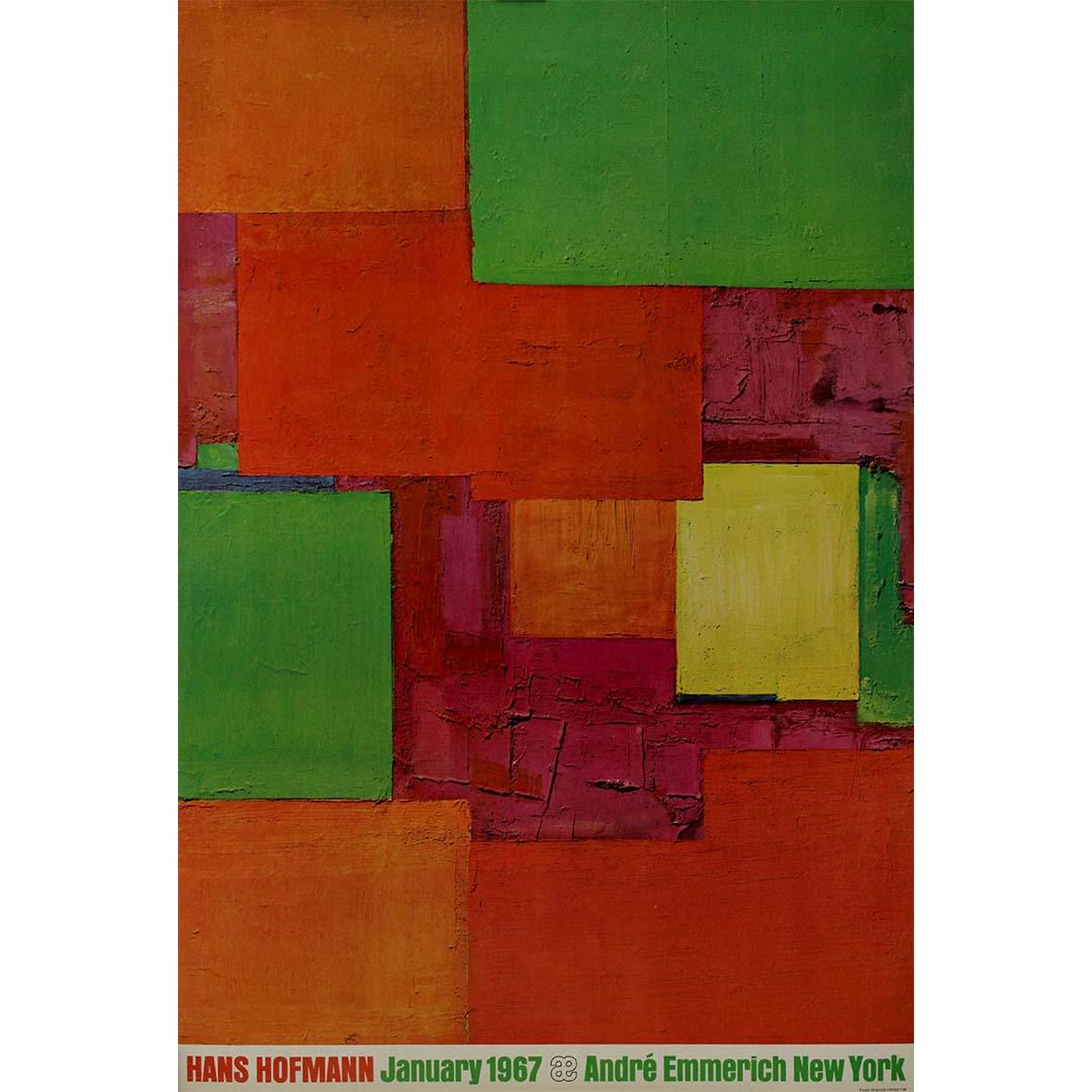 The 1967 original exhibition poster for Hans Hofmann's at the André Emmerich Gallery in New York is a vibrant and captivating visual representation of the renowned artist's abstract expressionist style. Hofmann, celebrated for his bold use of color