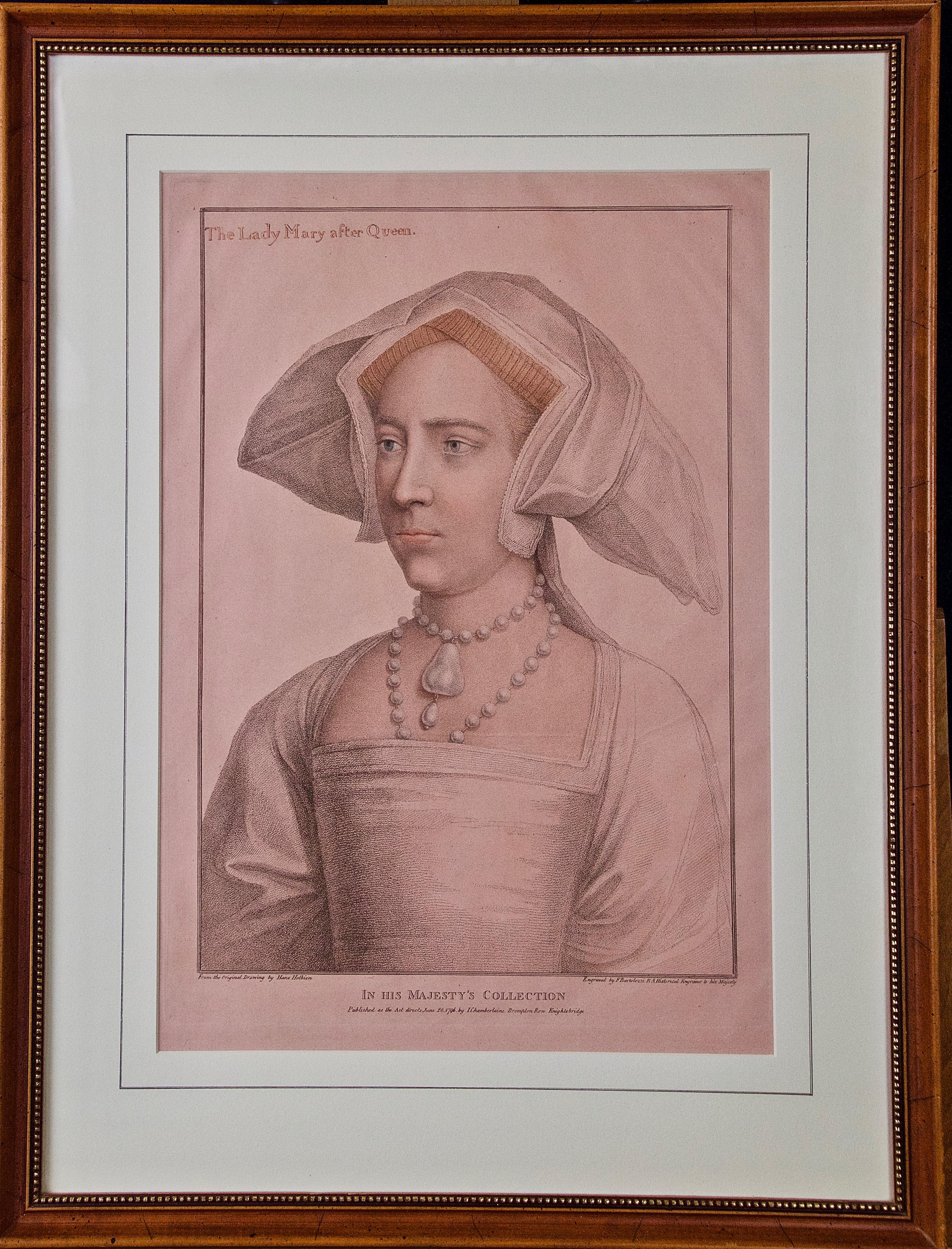 Hans Holbein Portrait Print - 18th C. Bartolozzi Portrait of Queen Mary from a 16th Century Holbein Drawing