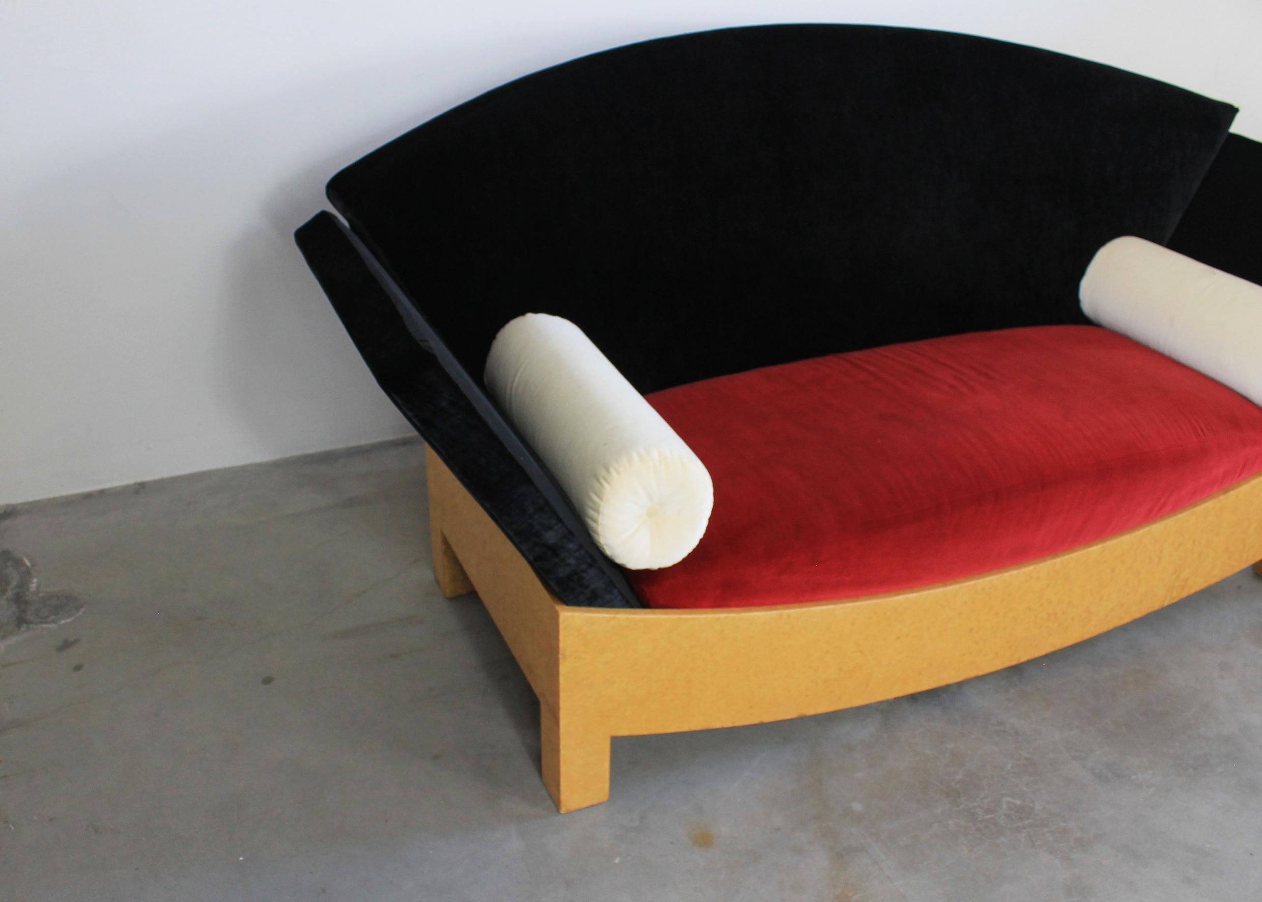 Varnished Hans Hollein Mitzi Sofa in Poplar and Wool Cloth by Poltronova 1981  For Sale