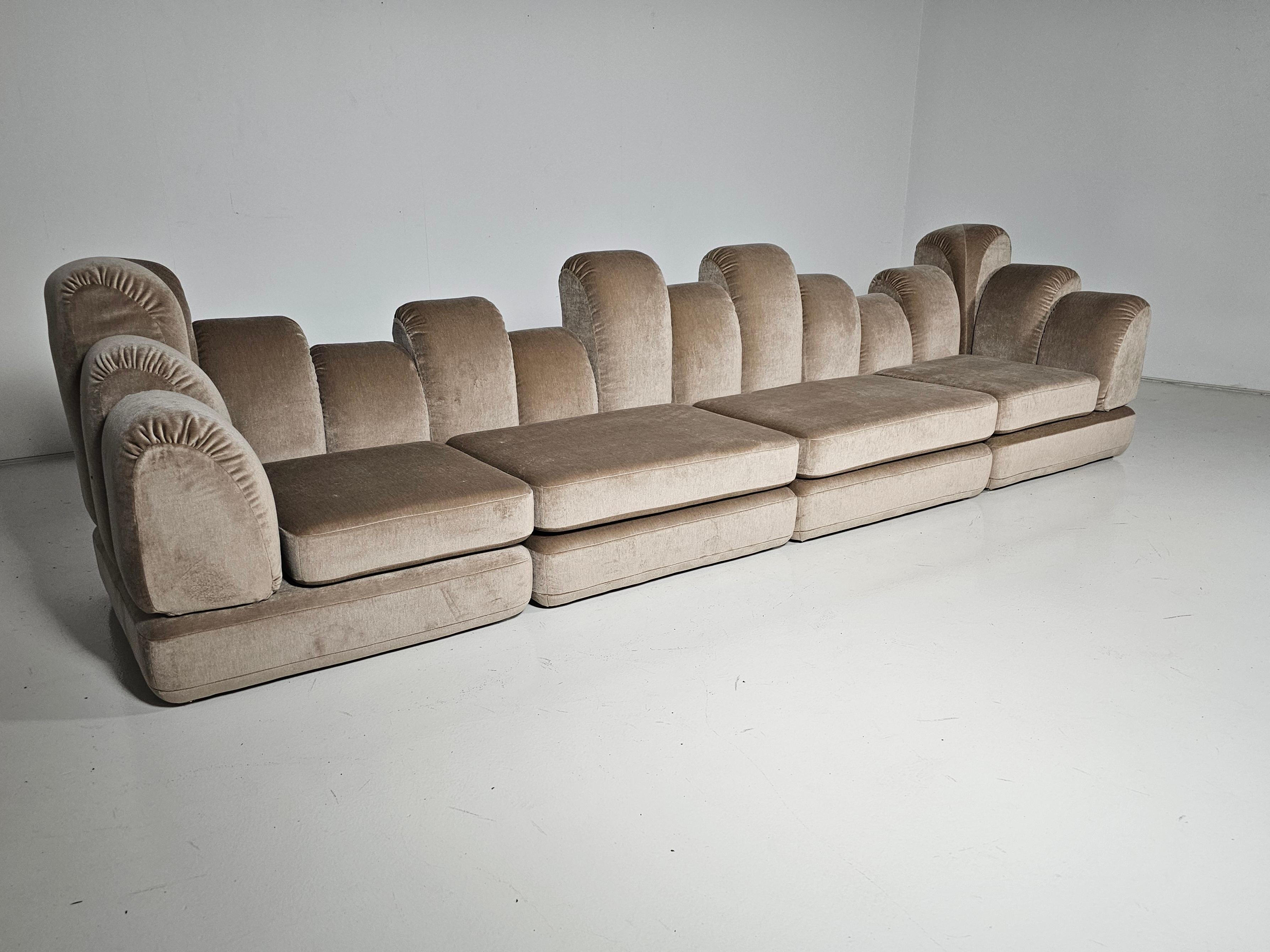 Hans Hopfer 'Dromadaire' Sectional Sofa in Mohair wool, Roche Bobois, 1970

Sectional sofa designed by Hans Hopfer and manufactured by Roche Bobois in France circa 1970. A very rare and collectible modular couch, reupholstered in mohair velvet, with
