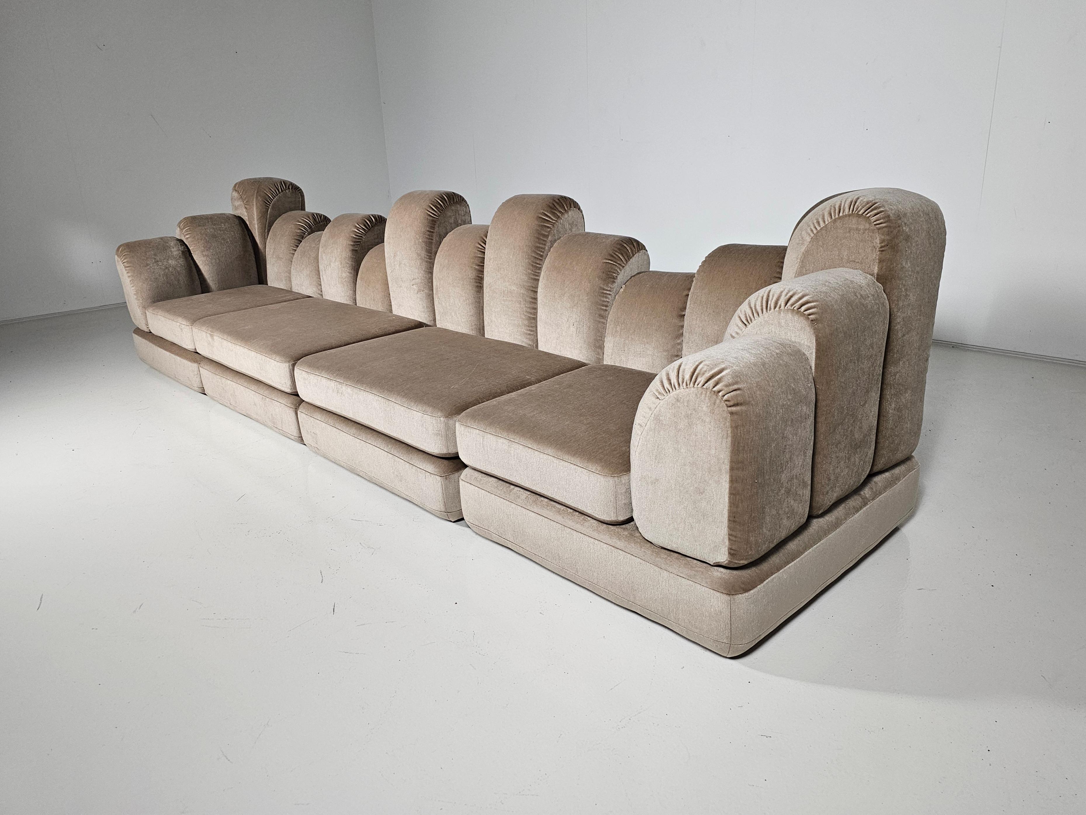 European Hans Hopfer 'Dromadaire' Sectional Sofa in beige mohair velvet, Roche Bobois For Sale