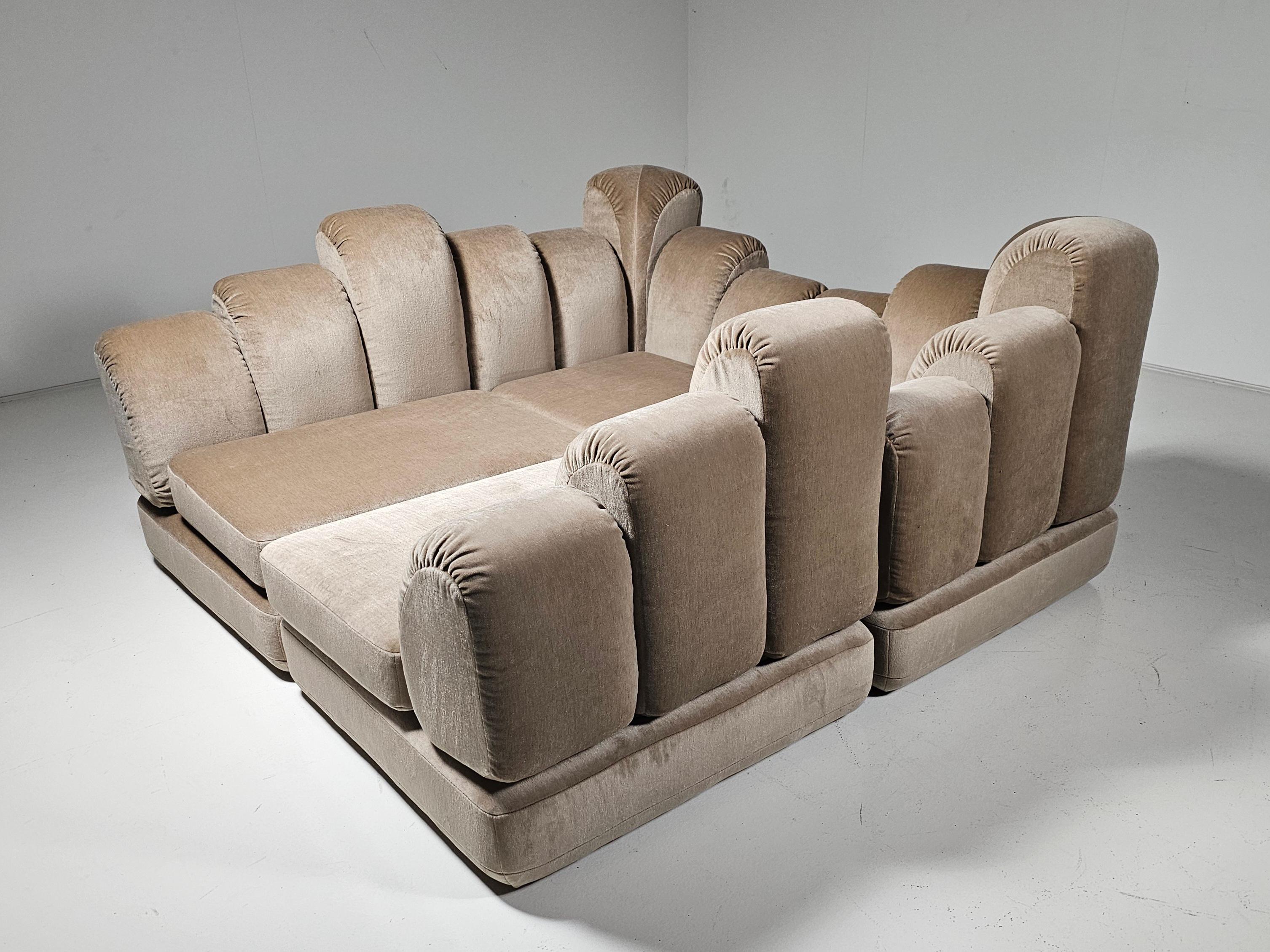 Hans Hopfer 'Dromadaire' Sectional Sofa in beige mohair velvet, Roche Bobois For Sale 1
