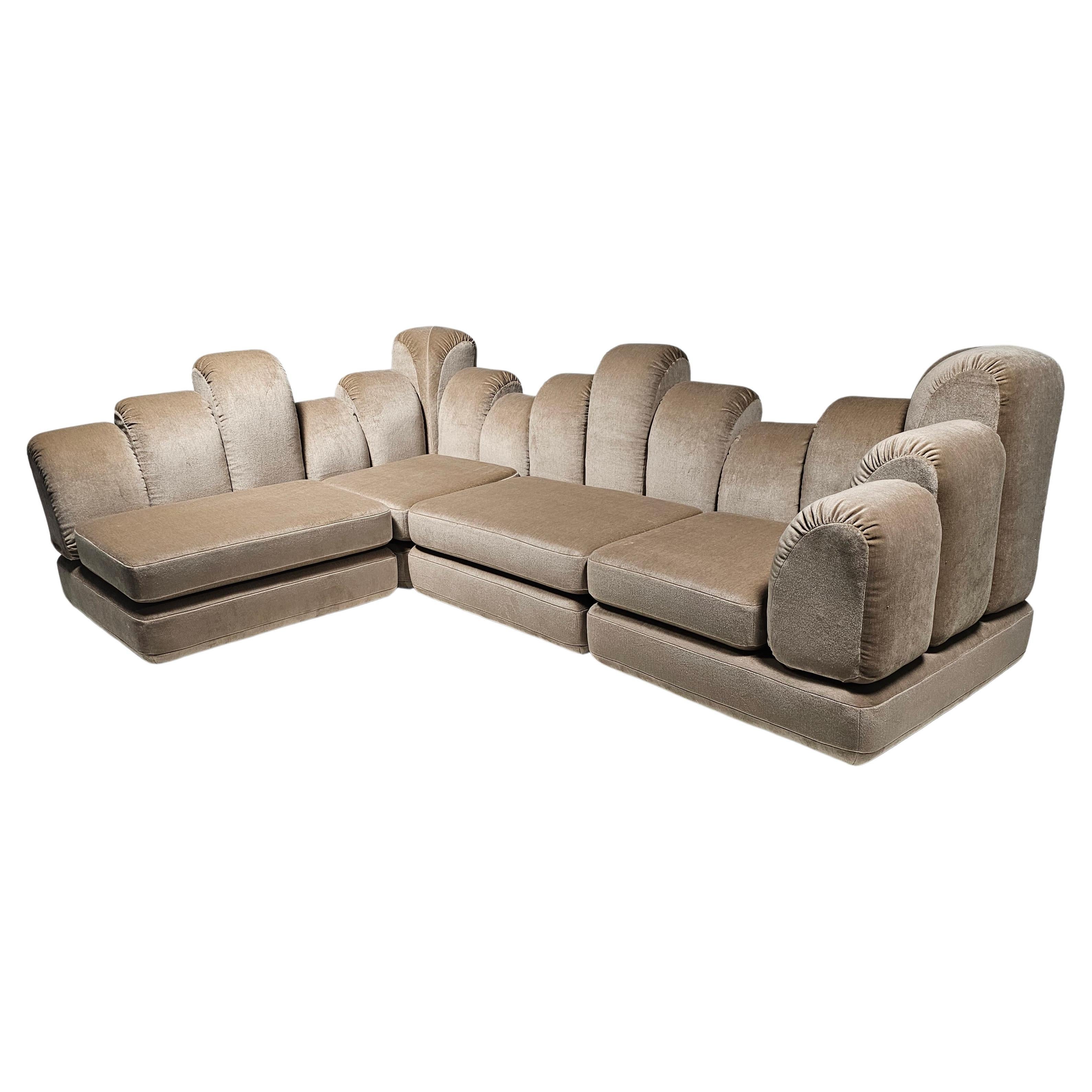 Hans Hopfer 'Dromadaire' Sectional Sofa in beige mohair velvet, Roche Bobois For Sale