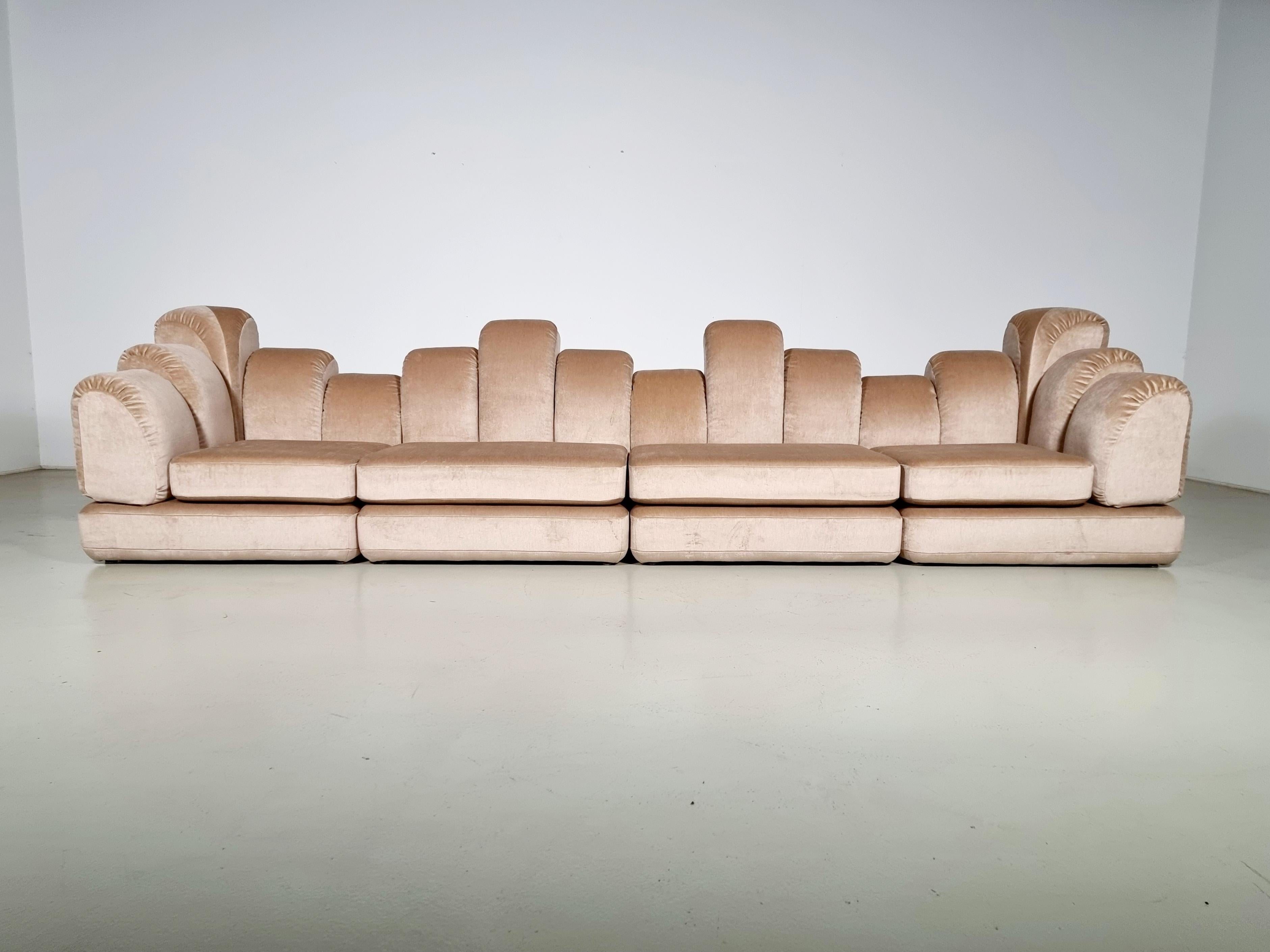 Hans Hopfer 'Dromadaire' Sectional Sofa in Mohair wool, Roche Bobois, 1970

Sectional sofa designed by Hans Hopfer and manufactured by Roche Bobois in France circa 1970. A very rare and collectible modular couch, reupholstered in mohair wool, with a