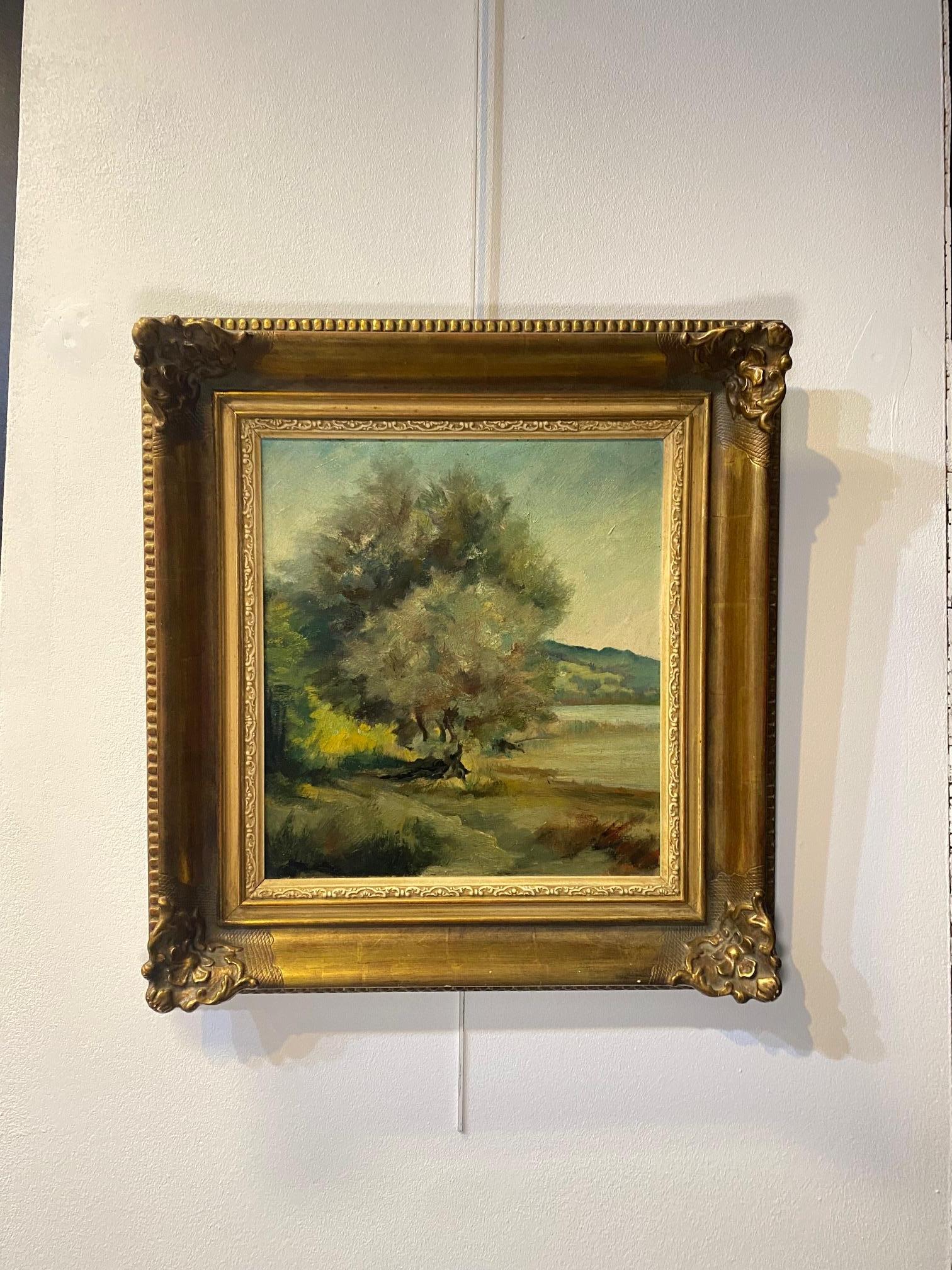 „Baum am See“ von Hans Hotz – Öl auf Karton 35x39 cm im Angebot 4