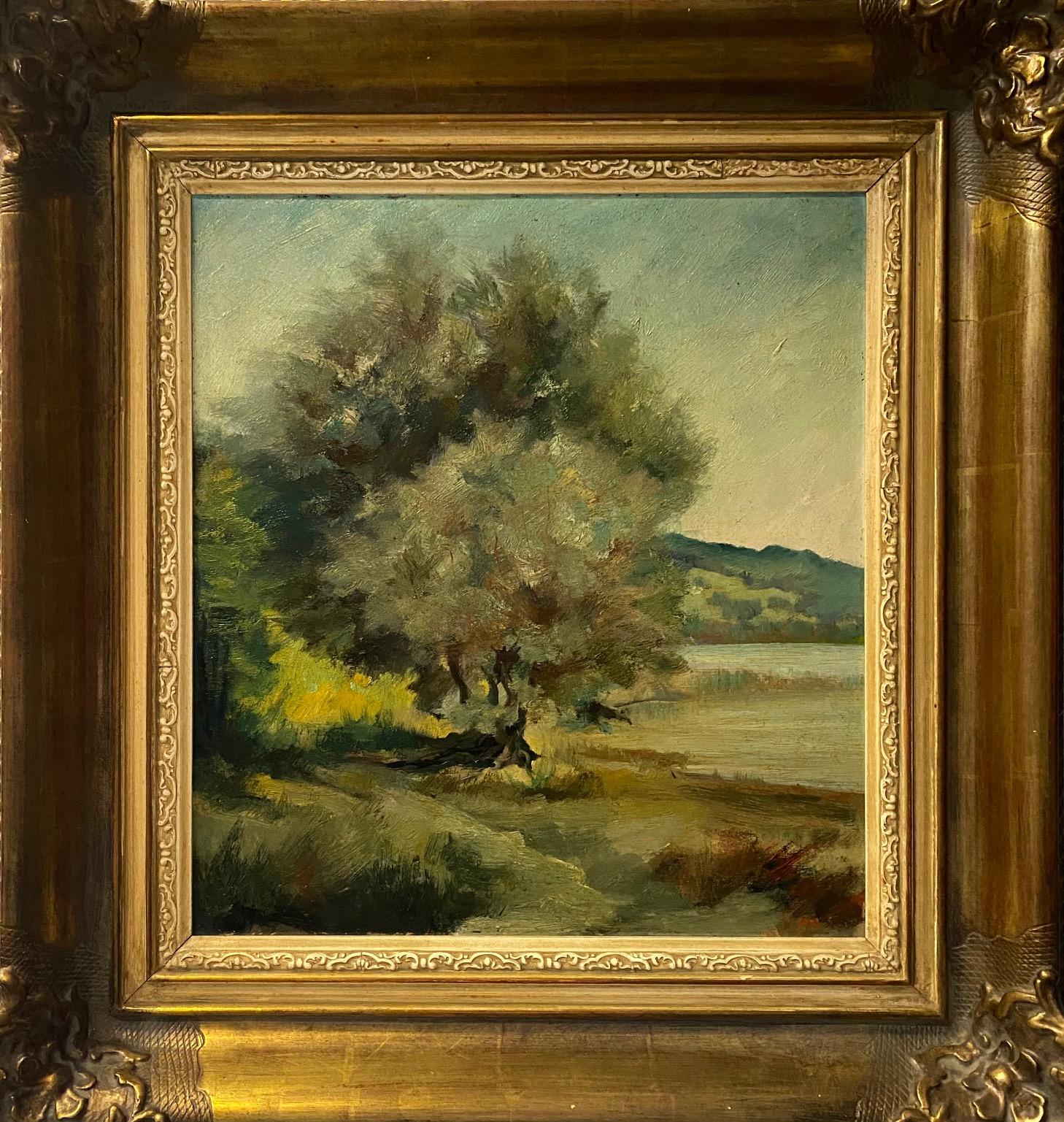 "Tree by the lake" by Hans Hotz - Oil on cardboard 35x39 cm