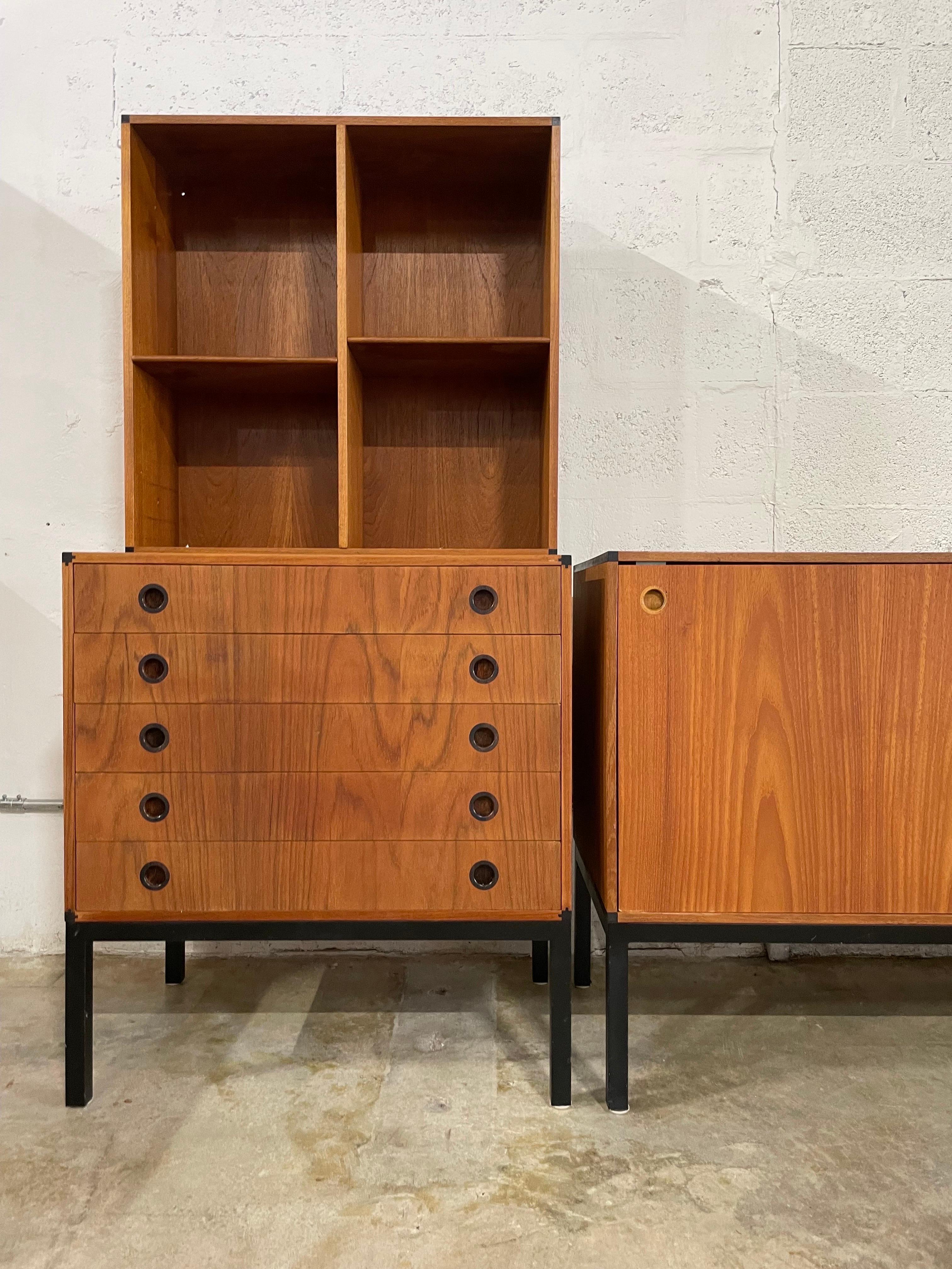 3-piece Shelving Unit by Hans Hove & Palle Petersen for Christian Linneberg. Credenza or Console, chest and shelves. 
Console 50w 17d 28h 
Chest 25w 17d 28h
Top 25w 8.75d 25.5h