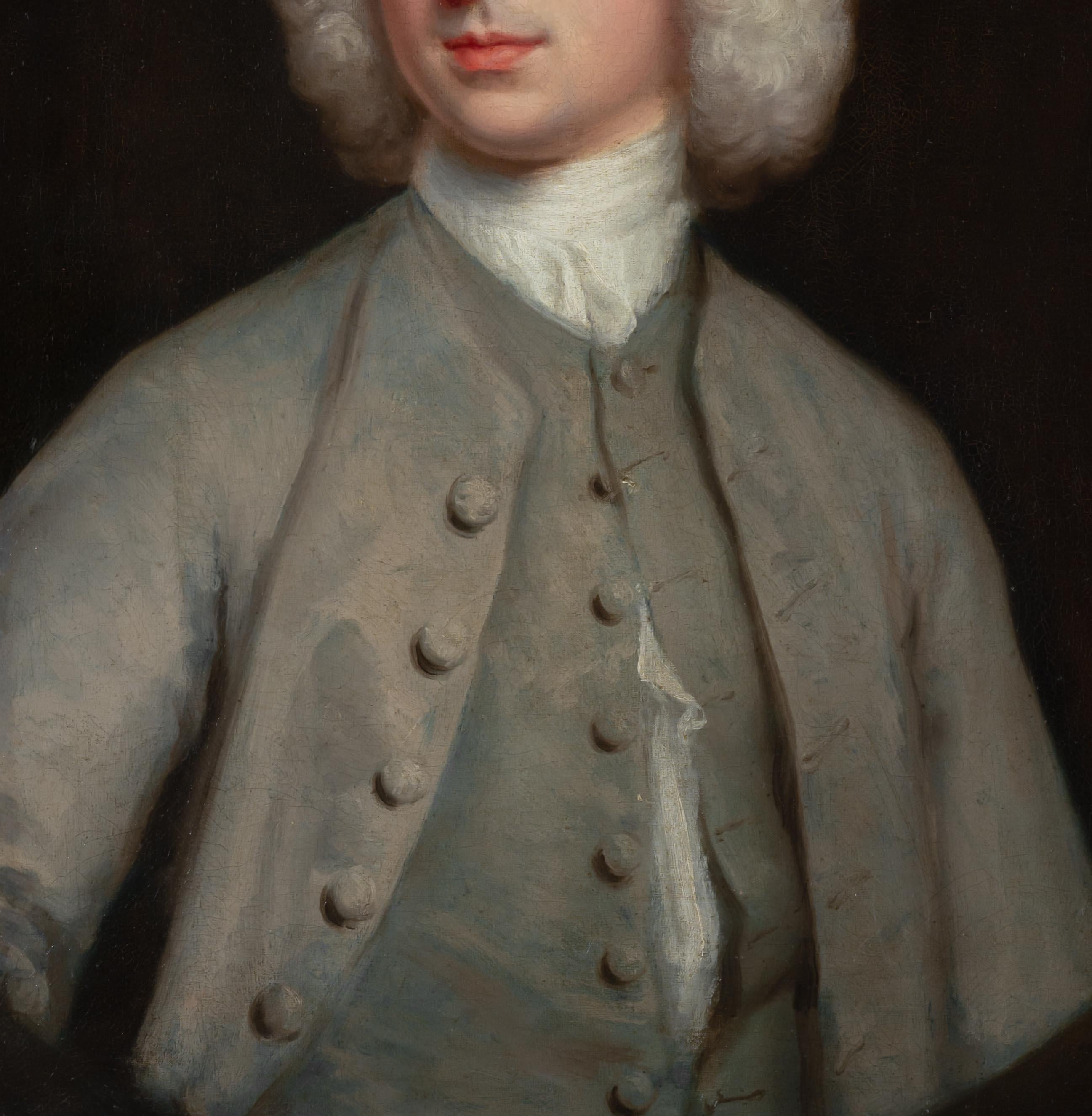 Ritratto di un gentiluomo in cappotto grigio e cravatta bianca, Olio su tela, Pittura in vendita 1