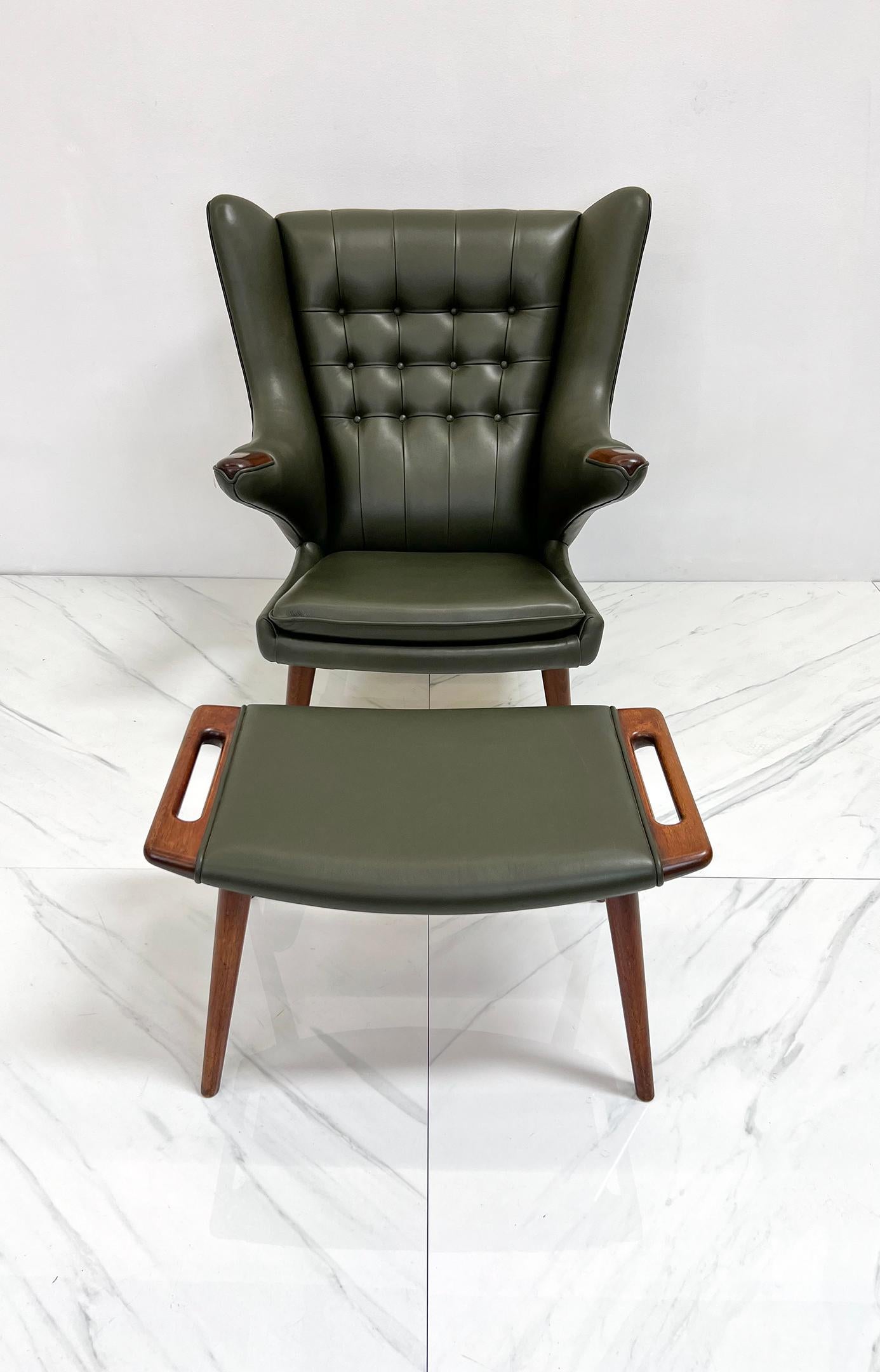 Hans J. Wegner AP19 Papa Bear Chair and Ottoman A.P. Stolen, Olive Green Leather For Sale 3