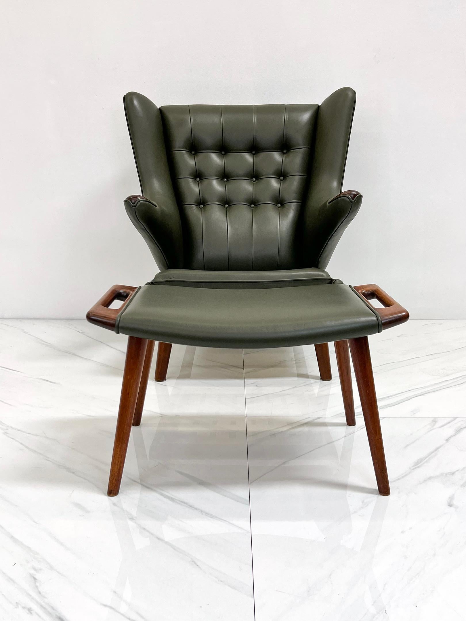 Hans J. Wegner AP19 Papa Bear Chair and Ottoman A.P. Stolen, Olive Green Leather For Sale 4