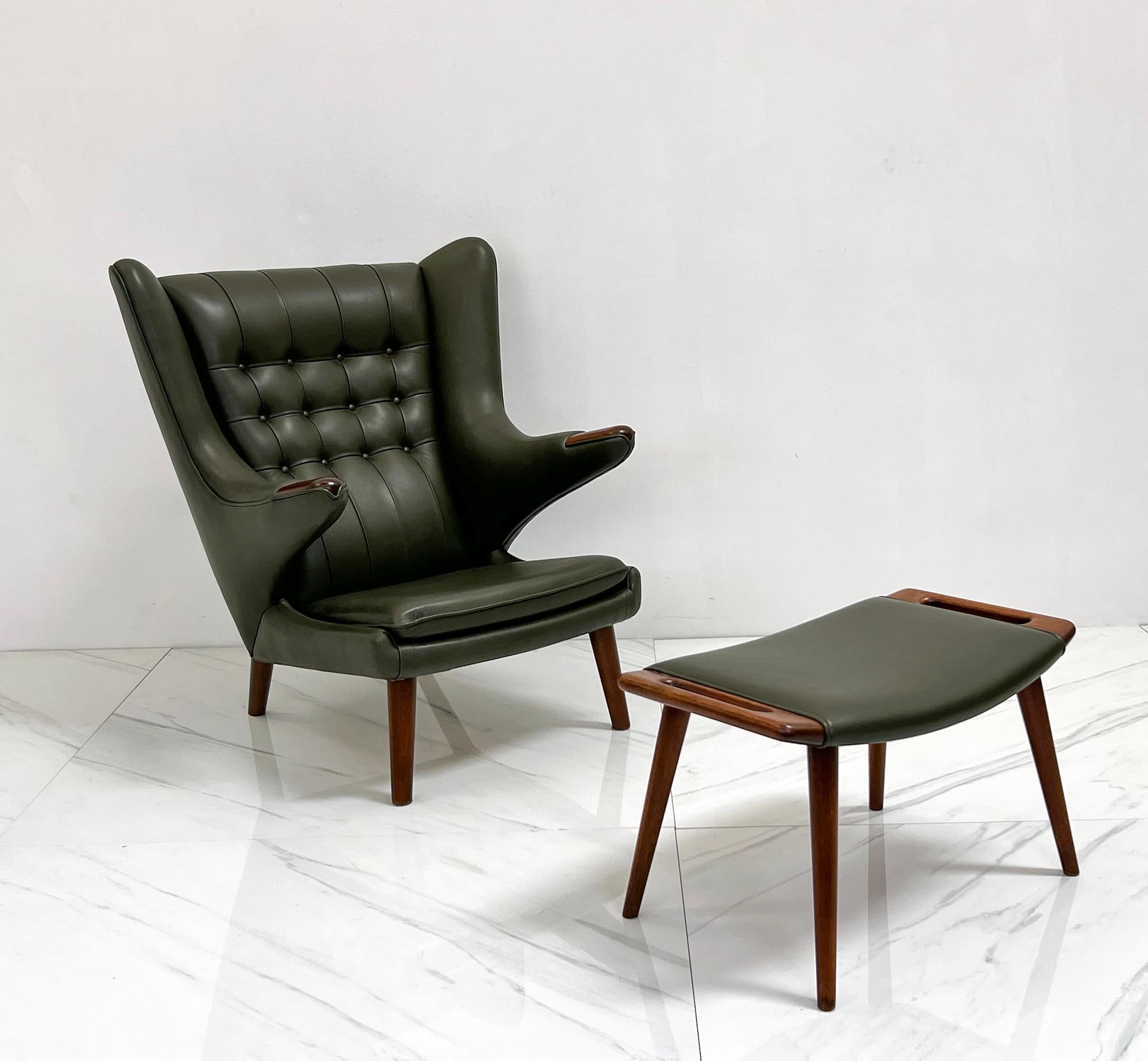 Hans J. Wegner AP19 Papa Bear Chair and Ottoman A.P. Stolen, Olive Green Leather For Sale 7
