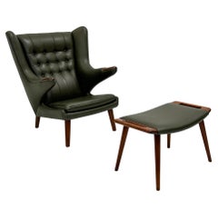 Hans J. Wegner AP19 Papa Bear Chair and Ottoman A.P. Stolen, Olive Green Leather