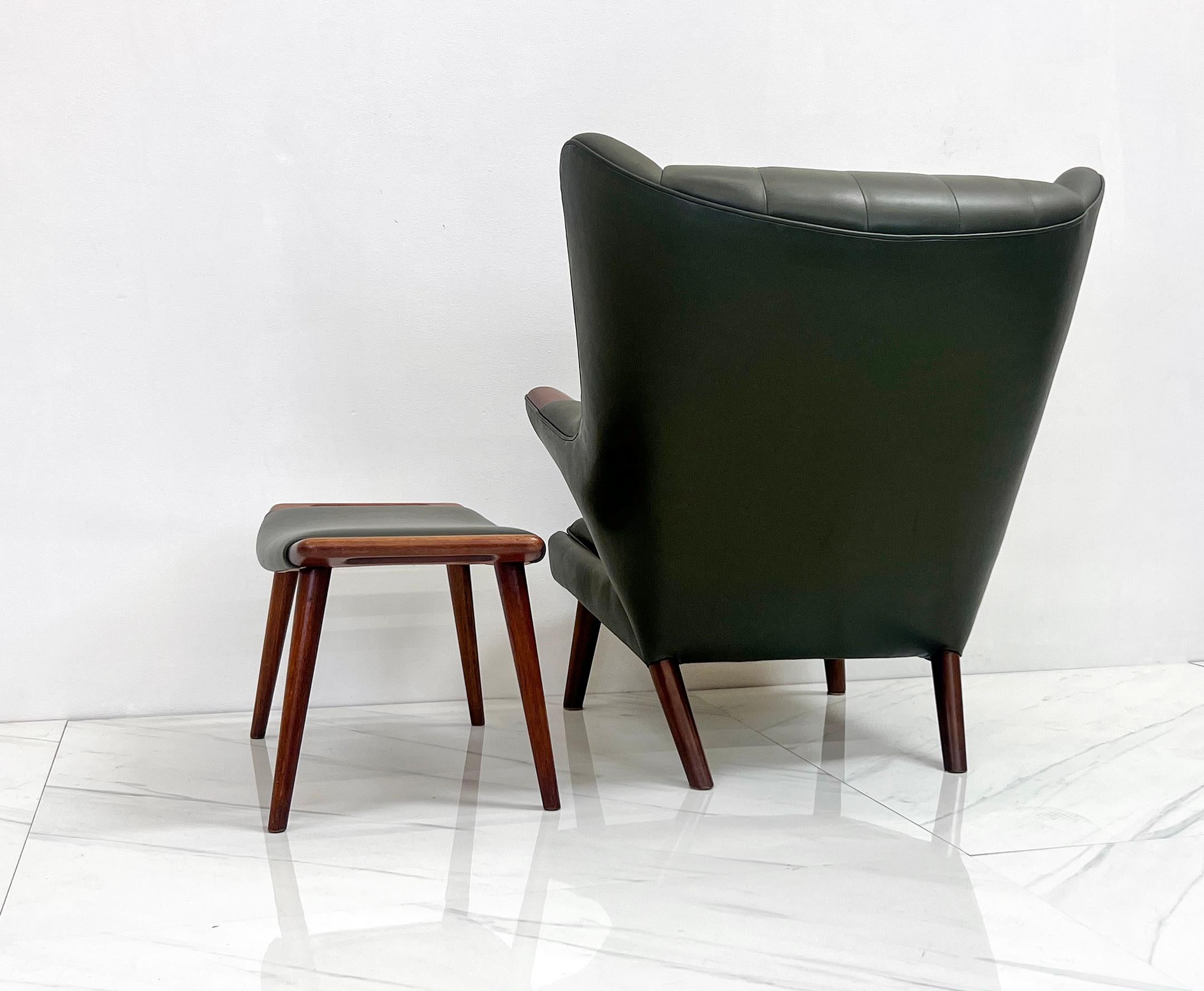 Danish Hans J. Wegner AP19 Papa Bear Chair and Ottoman A.P. Stolen, Olive Green Leather For Sale