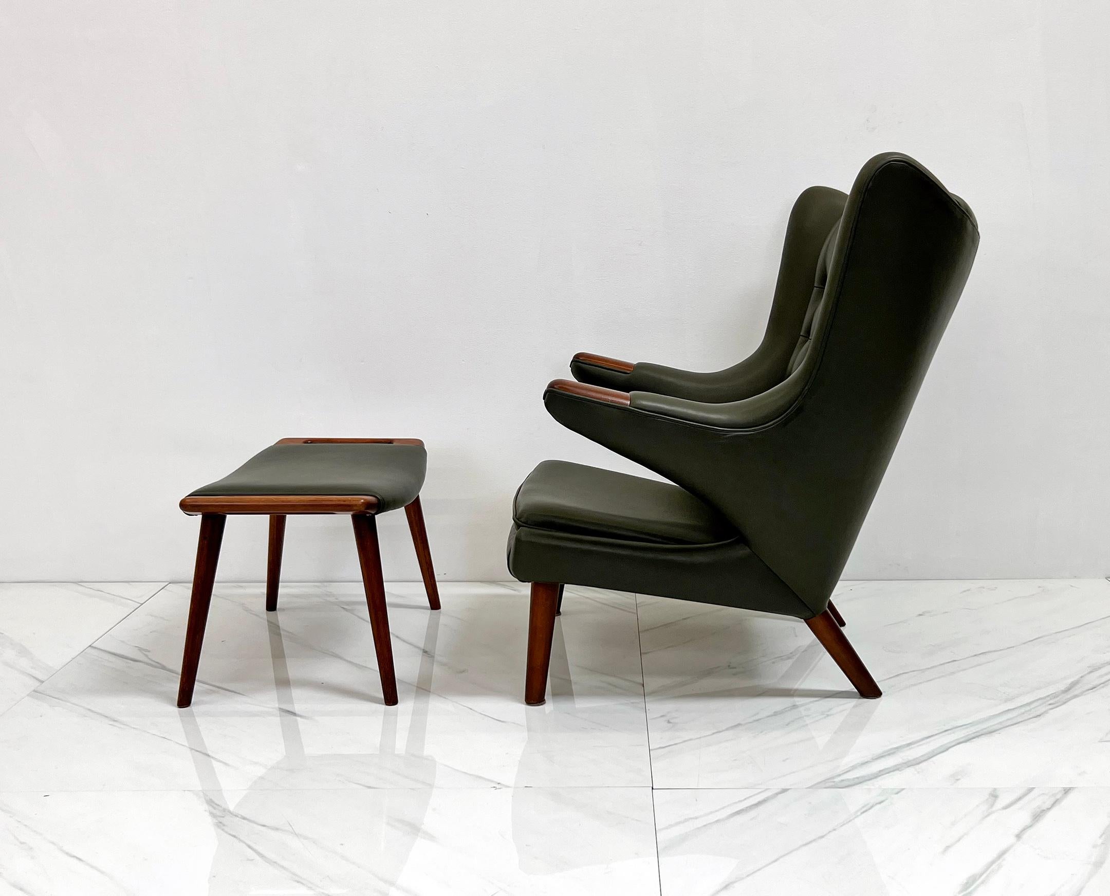 Teak Hans J. Wegner AP19 Papa Bear Chair and Ottoman A.P. Stolen, Olive Green Leather For Sale