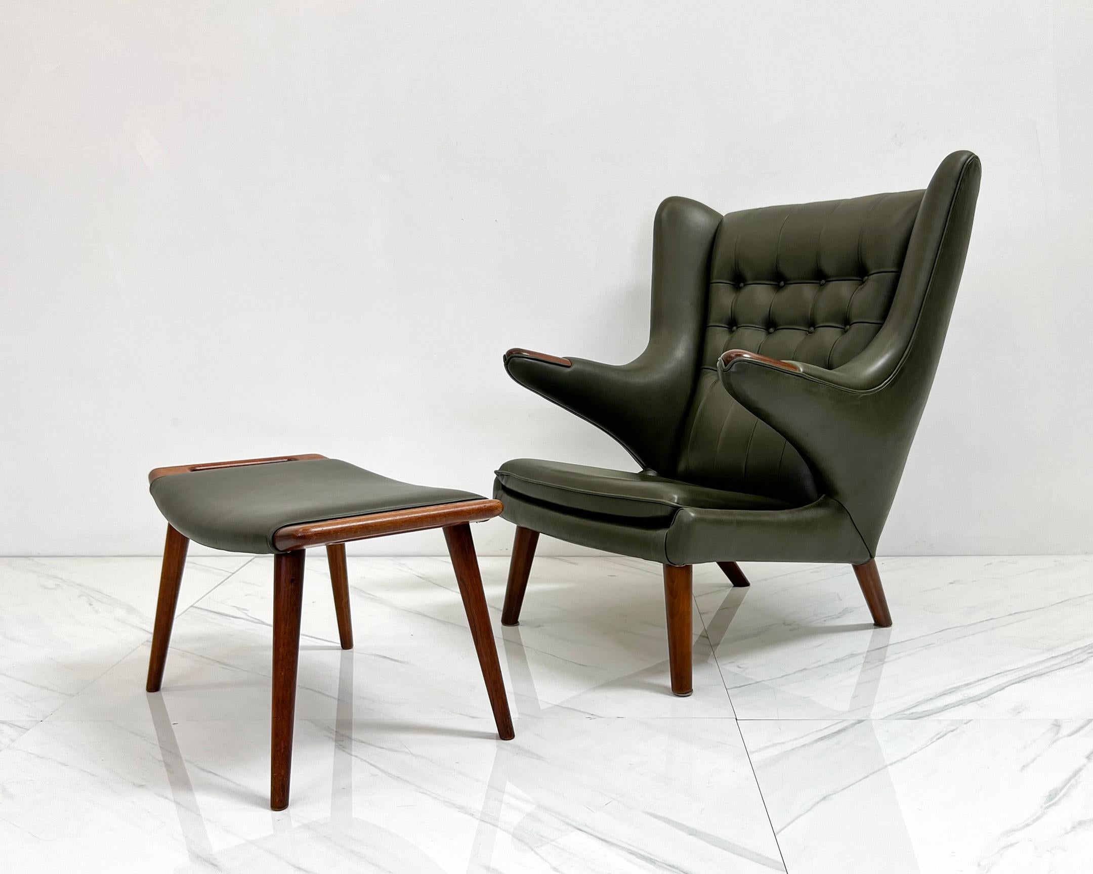 Hans J. Wegner AP19 Papa Bear Chair and Ottoman A.P. Stolen, Olive Green Leather For Sale 2