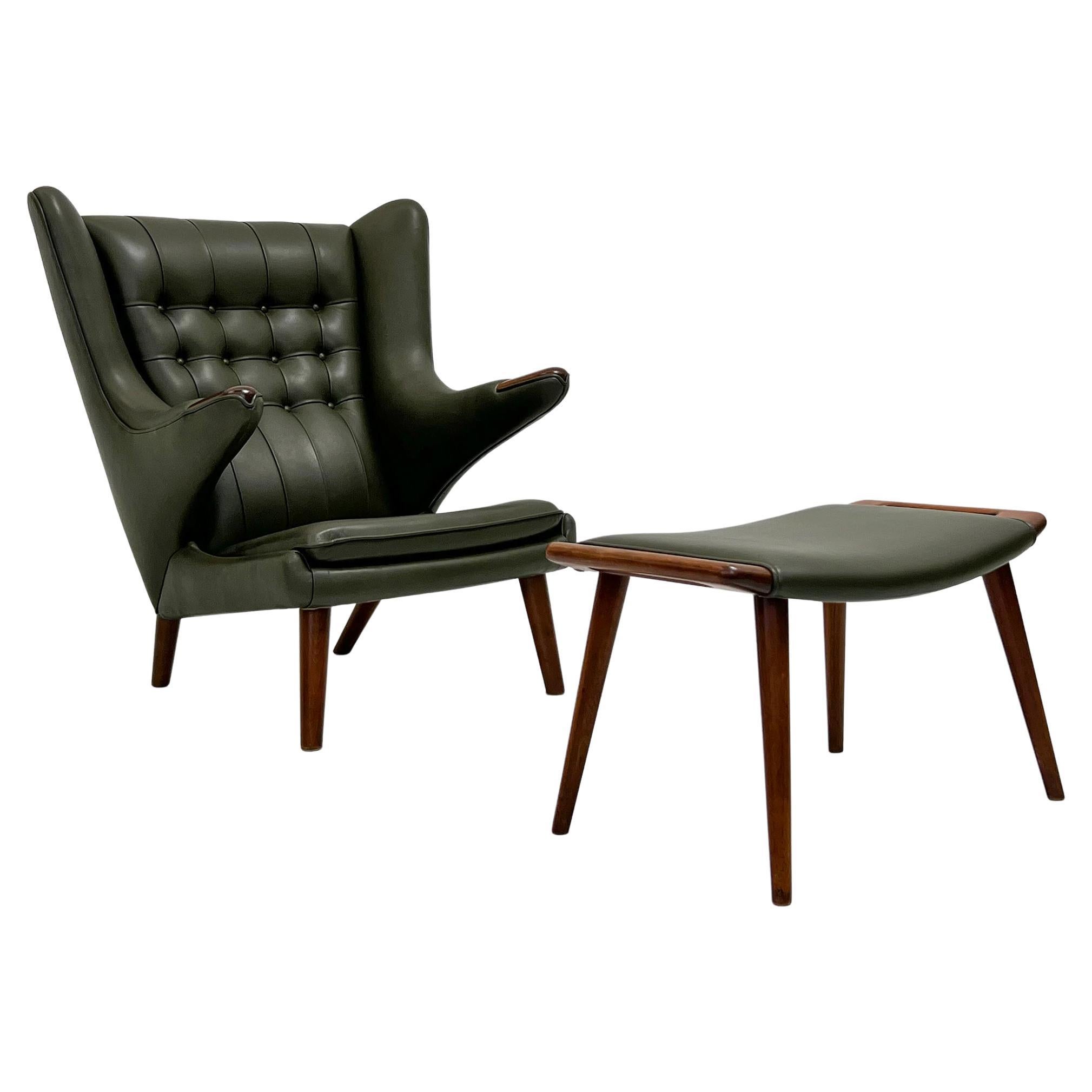 Hans J. Wegner AP19 Papa Bear Chair and Ottoman A.P. Stolen, Olive Green Leather For Sale
