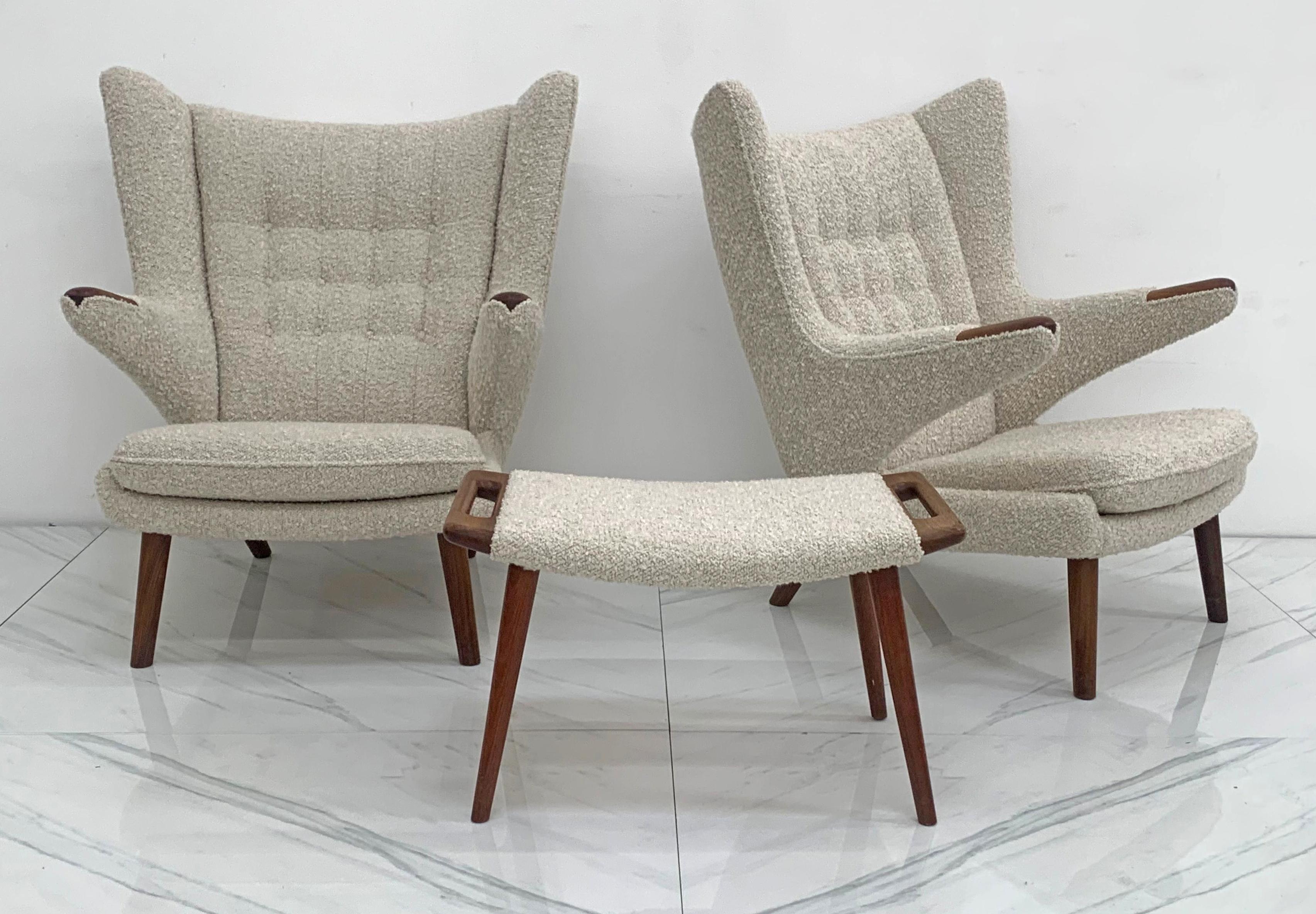 Mid-Century Modern Hans J. Wegner AP19 Papa Bear Chairs and Ottoman for A.P. Stolen