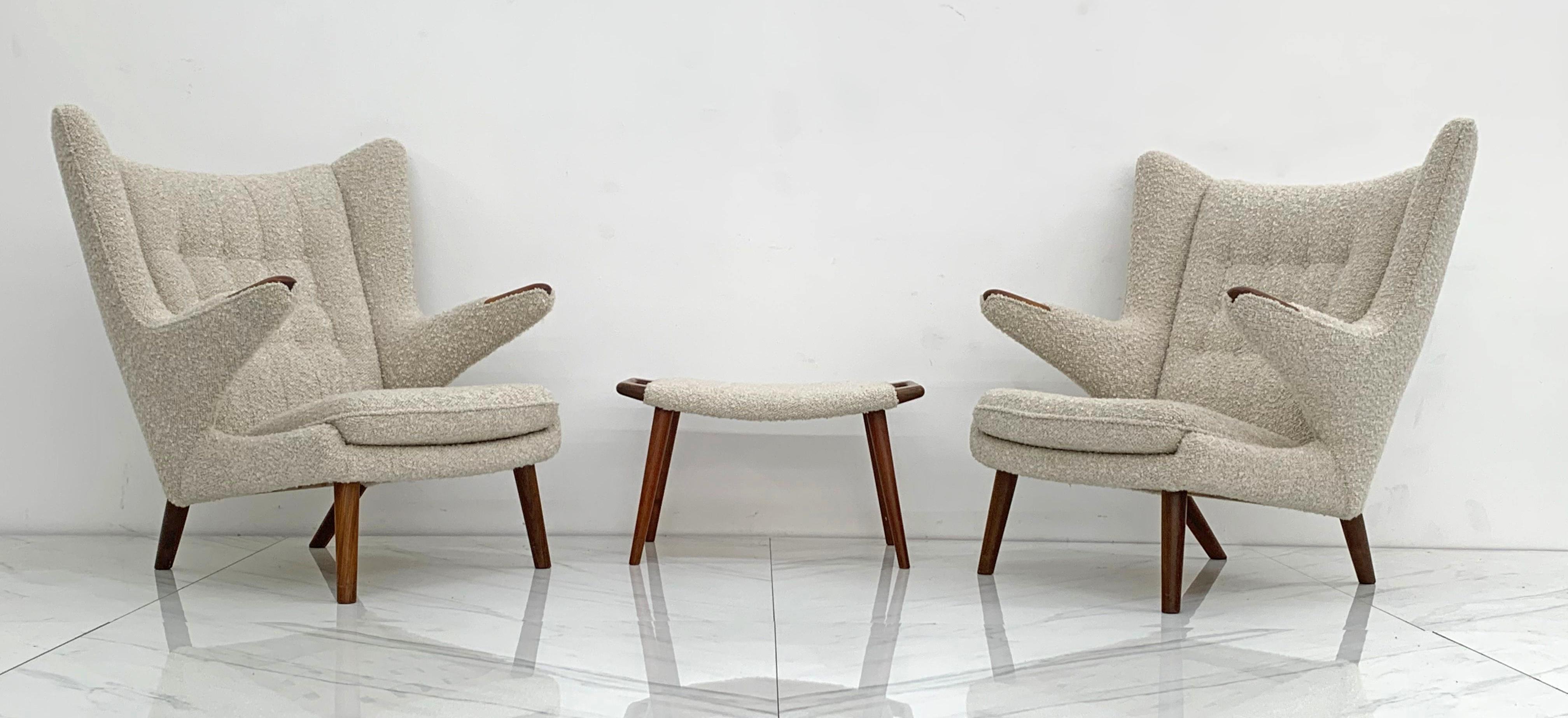 Danish Hans J. Wegner AP19 Papa Bear Chairs and Ottoman for A.P. Stolen