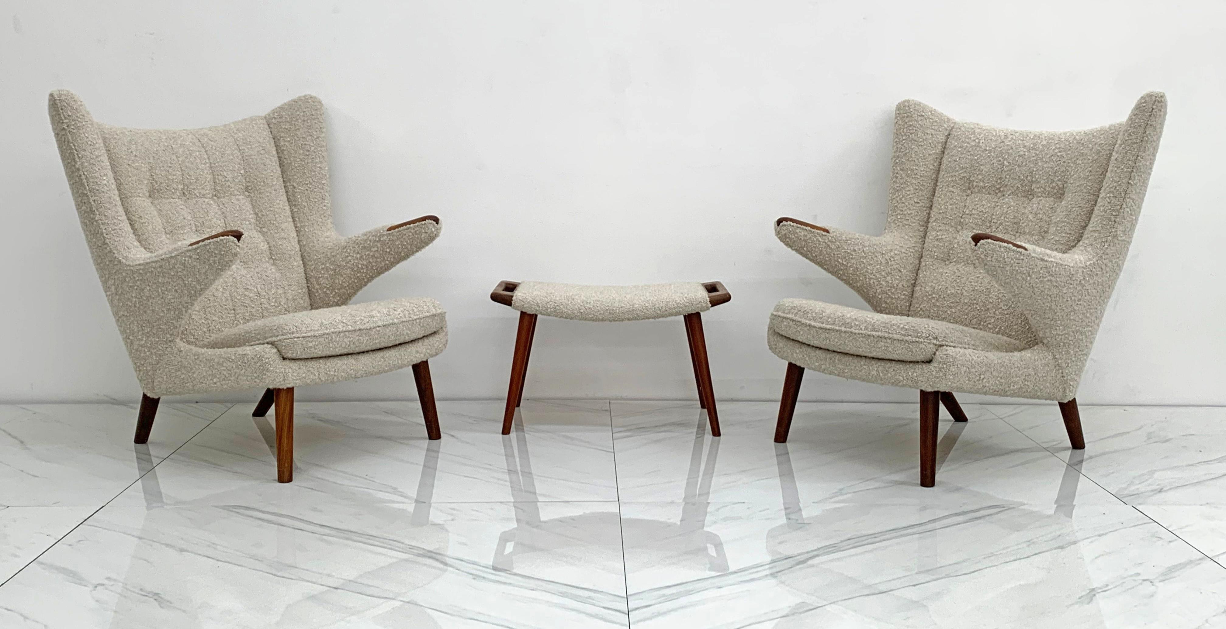 Mid-20th Century Hans J. Wegner AP19 Papa Bear Chairs and Ottoman for A.P. Stolen