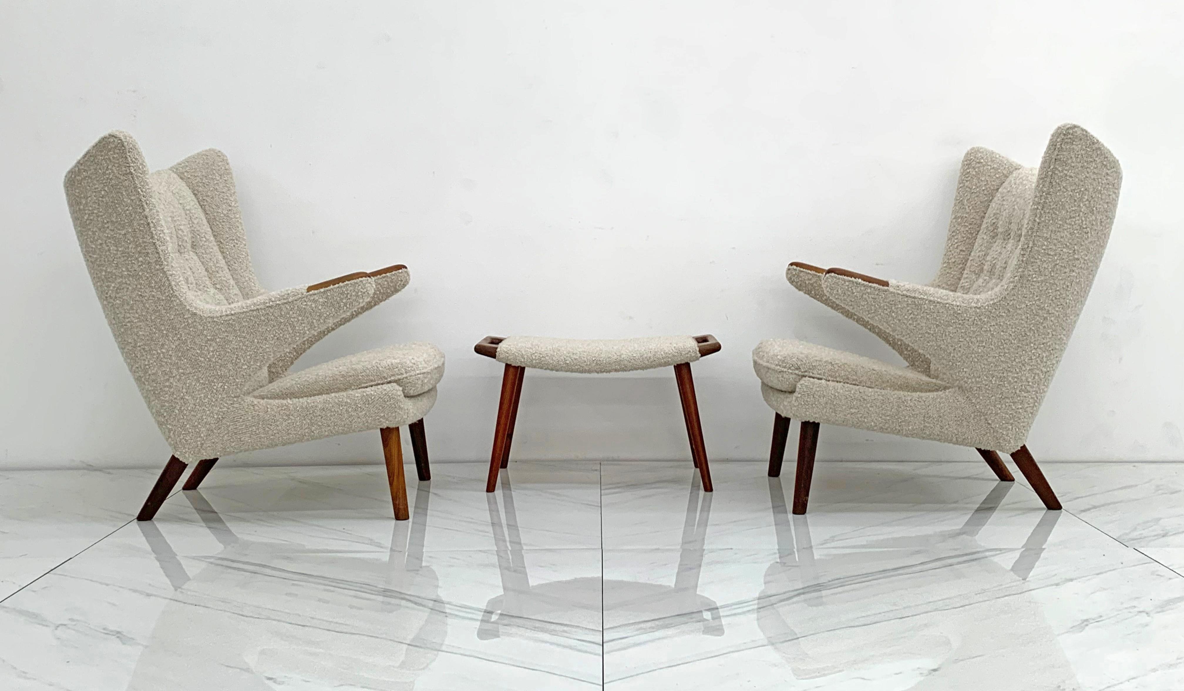 Bouclé Hans J. Wegner AP19 Papa Bear Chairs and Ottoman for A.P. Stolen