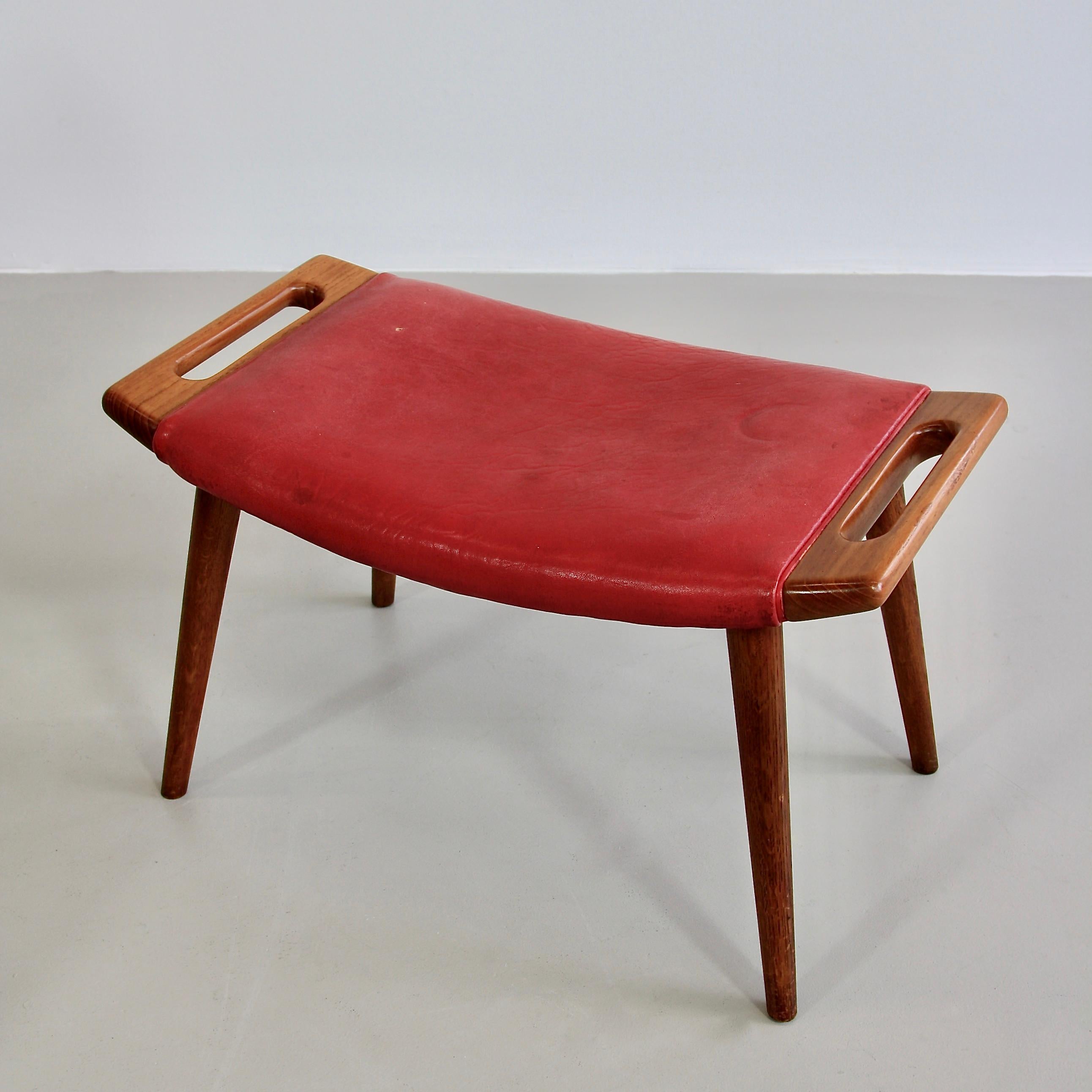 Mid-Century Modern Hans J. Wegner Armchair 'Papa Bear' 'Red Leather' and Footstool