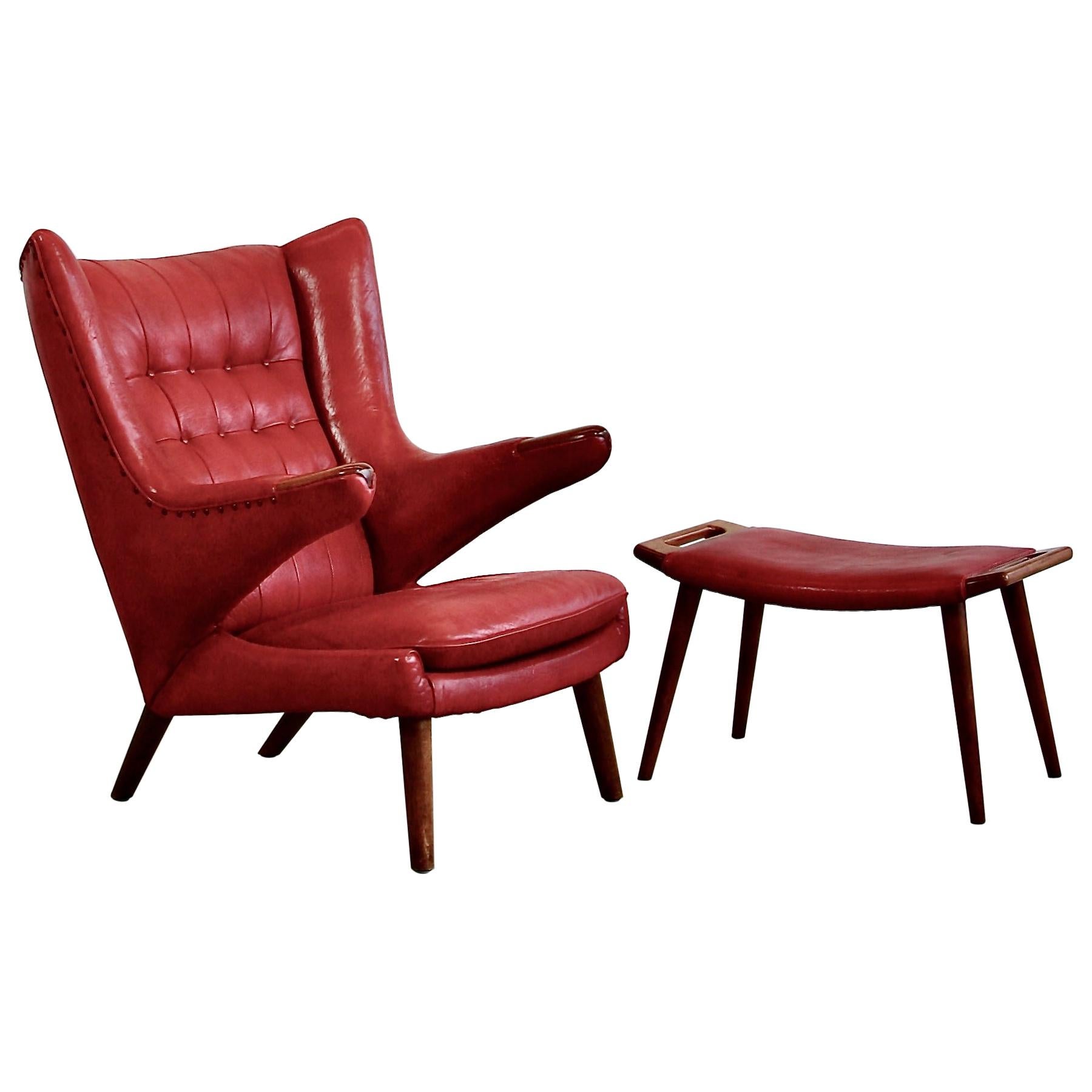 Hans J. Wegner Armchair 'Papa Bear' 'Red Leather' and Footstool