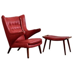 Hans J. Wegner Armchair 'Papa Bear' 'Red Leather' and Footstool