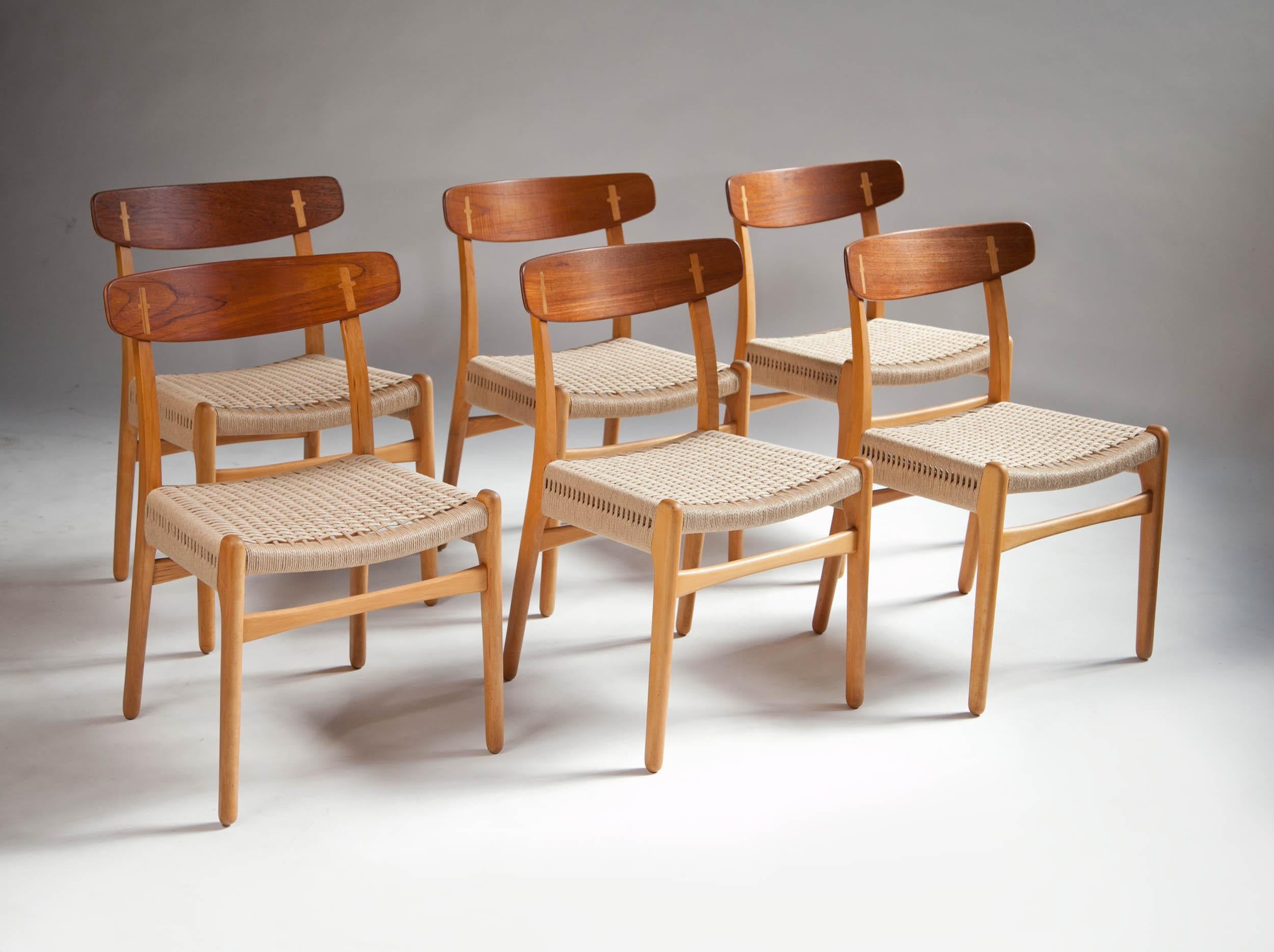 Hans J. Wegner CH-23 dining chairs, set of 6, Denmark

This is a beautiful and rare set of six Hans J. Wegner model CH-23 teak and beech dining chairs produced by Carl Hansen & Son in Denmark. First introduced in 1950 by famed Danish designer Hans