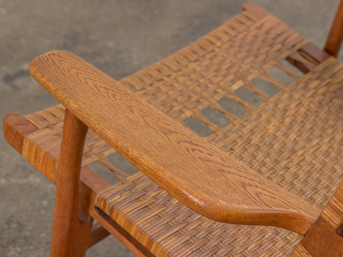 Hans J. Wegner CH-27 Oak Lounge Chair with Woven Rattan Seat For Sale 3