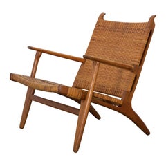 Hans J. Wegner CH-27 Oak Lounge Chair with Woven Rattan Seat