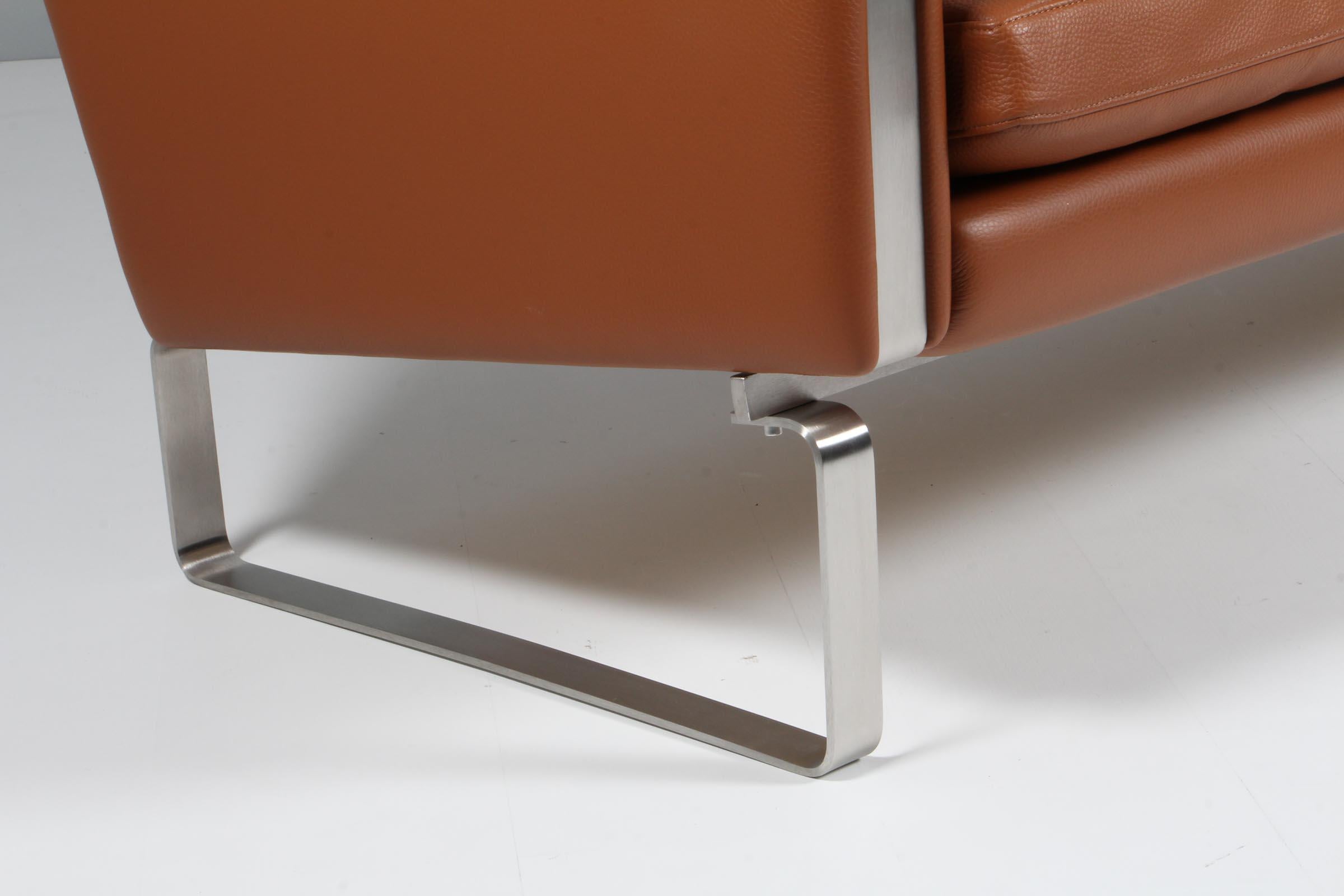 Stainless Steel Hans J. Wegner CH103, Three Seat Leather Sofa